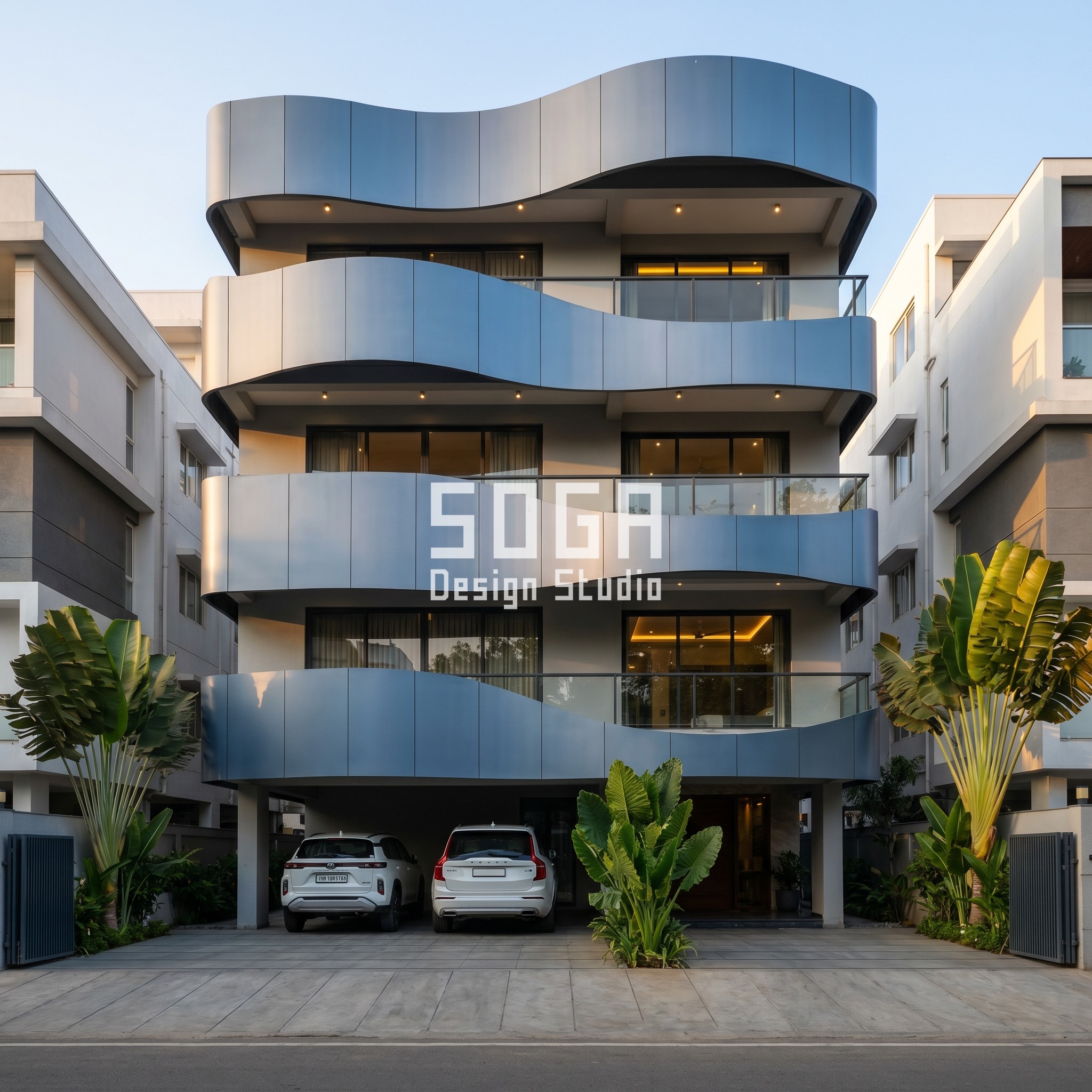 wide undulating metal canopy b parametric facade Chennai - SOGA Design Studio