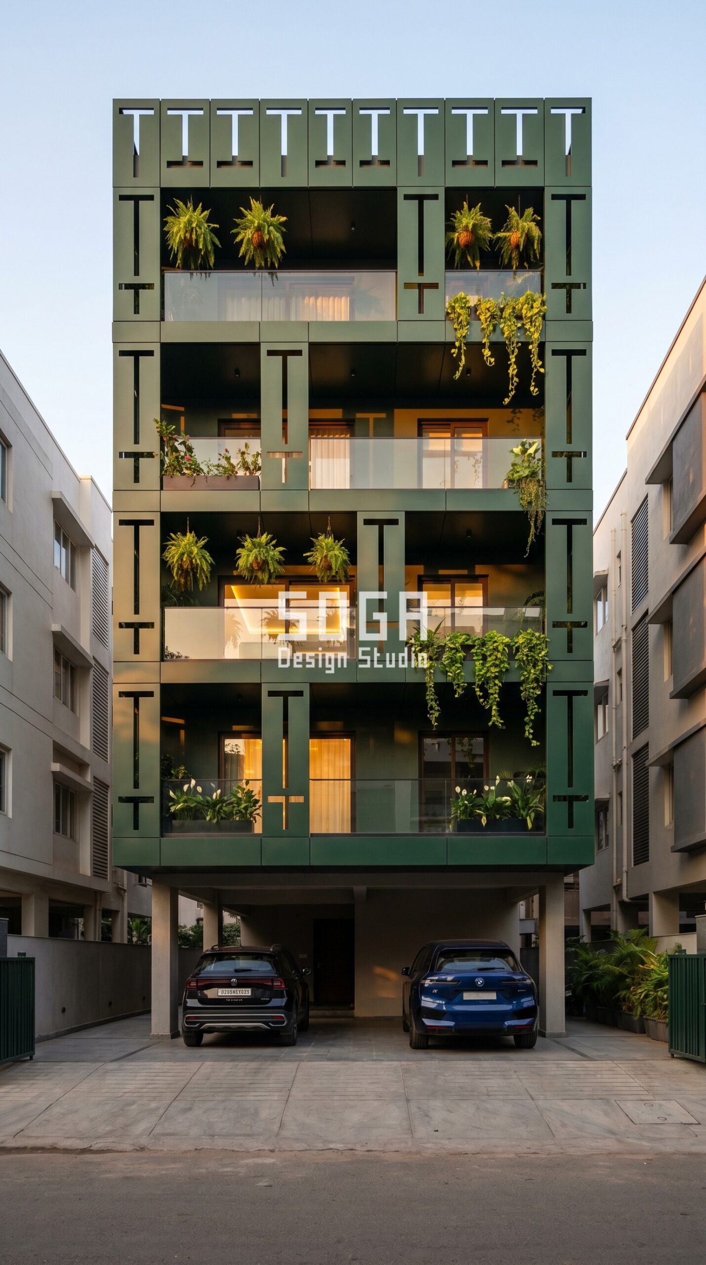 bold geometric cutout t-bar pa parametric facade Hyderabad - SOGA Design Studio