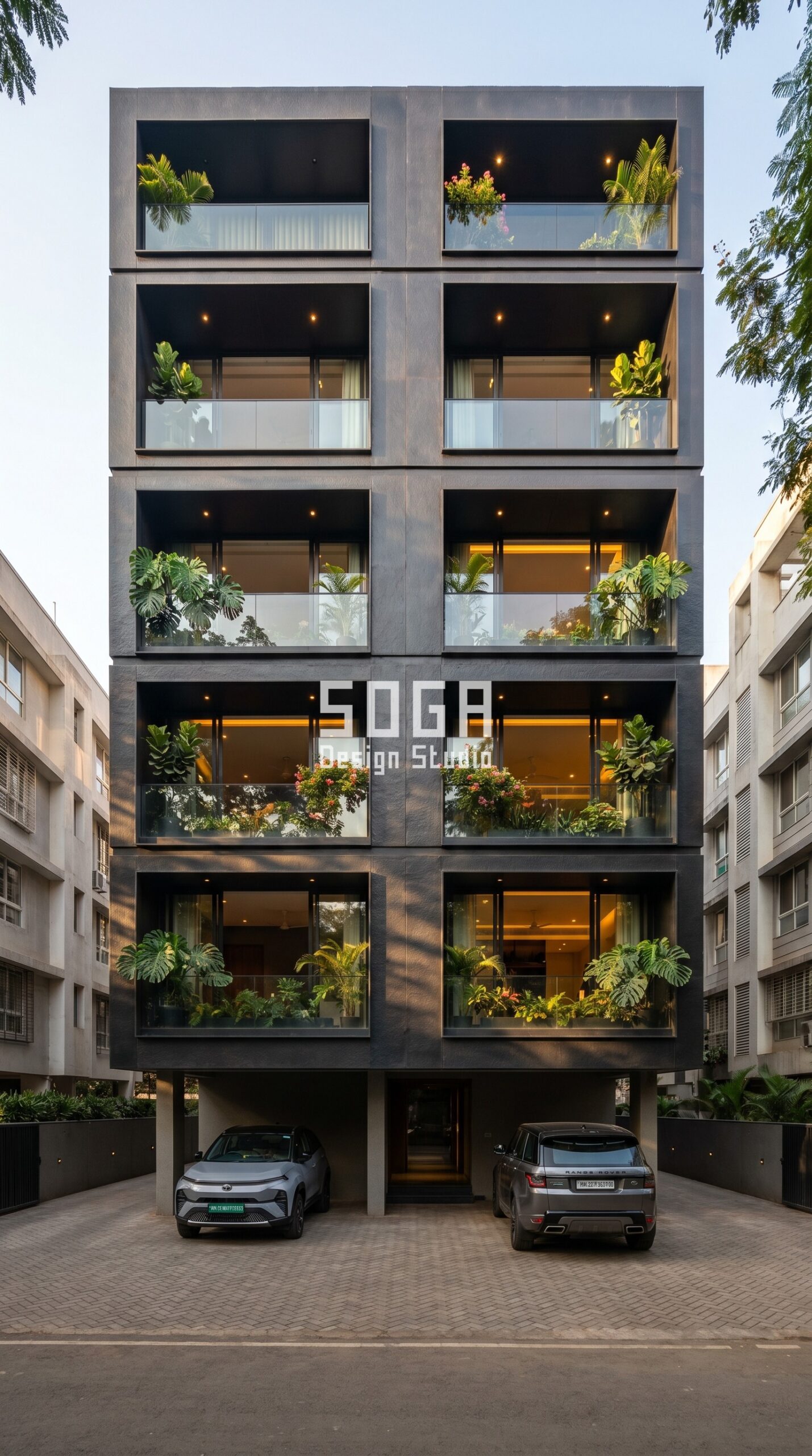 bold geometric cutout t-bar pa parametric facade Hyderabad - SOGA Design Studio