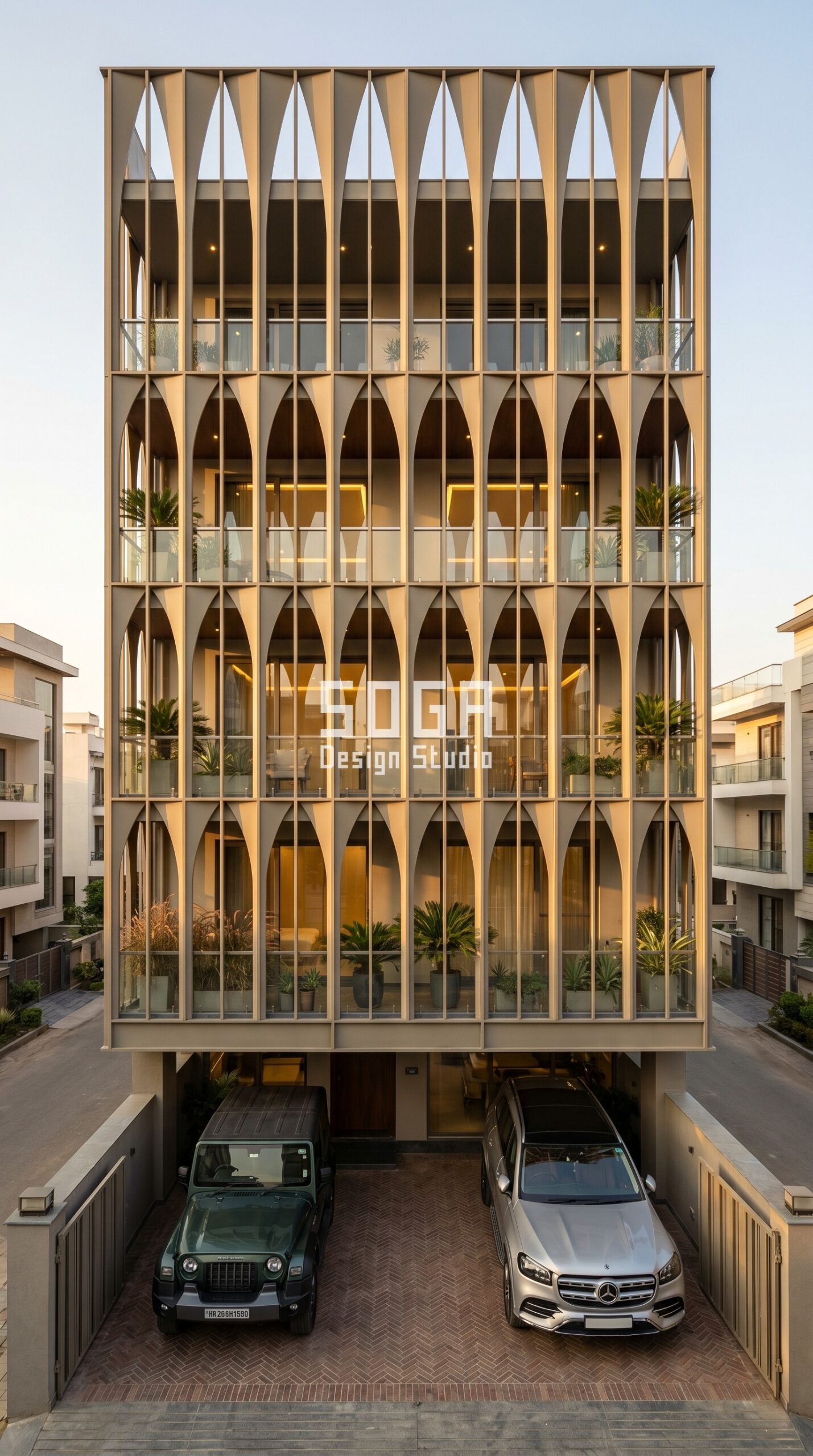 bold geometric cutout t-bar pa parametric facade Hyderabad - SOGA Design Studio