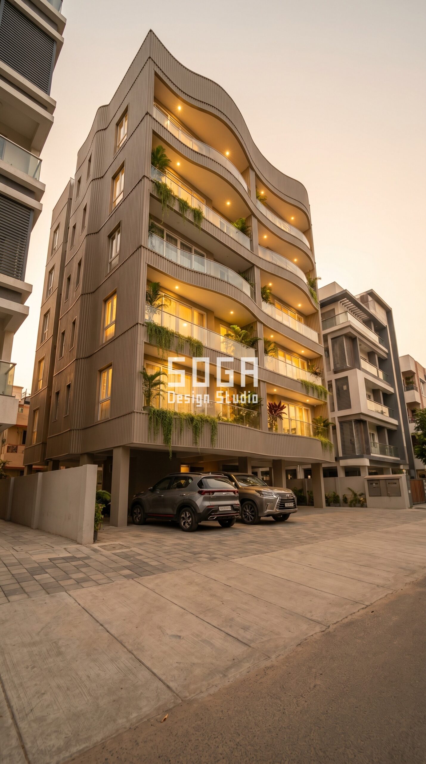 bold geometric cutout t-bar pa parametric facade Hyderabad - SOGA Design Studio