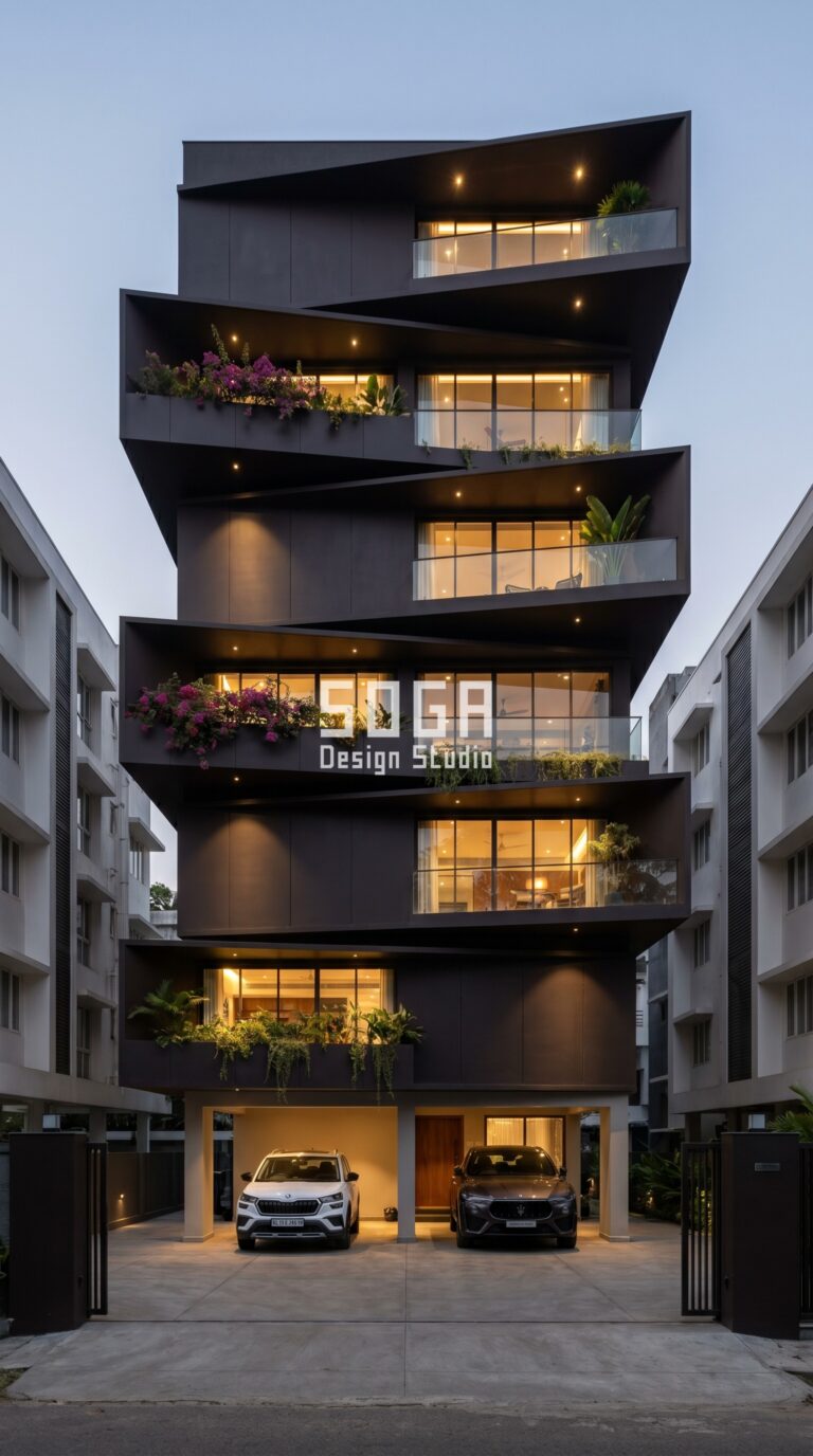 staggered cantilevered metal trays at al parametric facade Kochi - SOGA Design Studio
