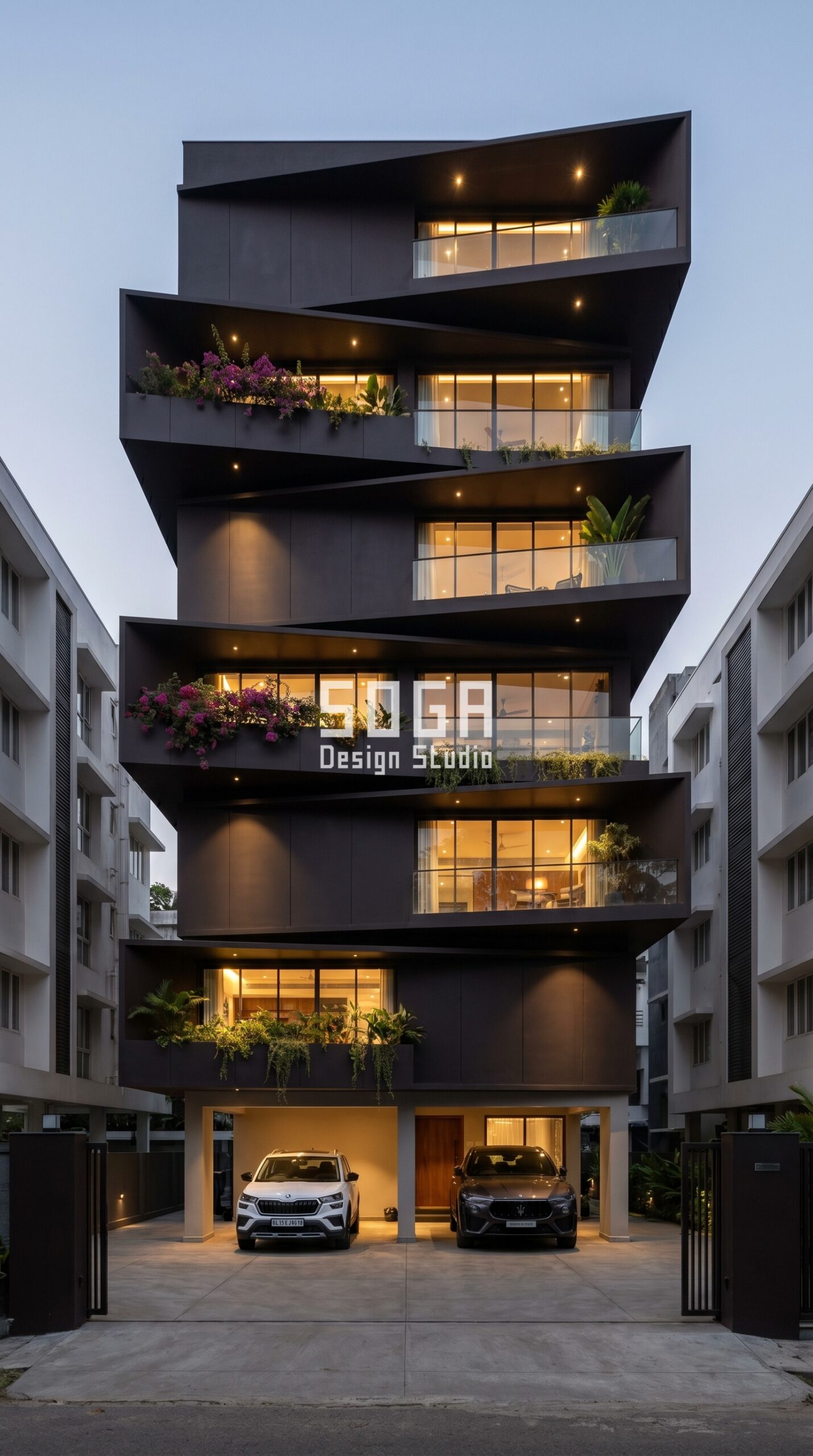 staggered cantilevered metal trays at al parametric facade Kochi - SOGA Design Studio