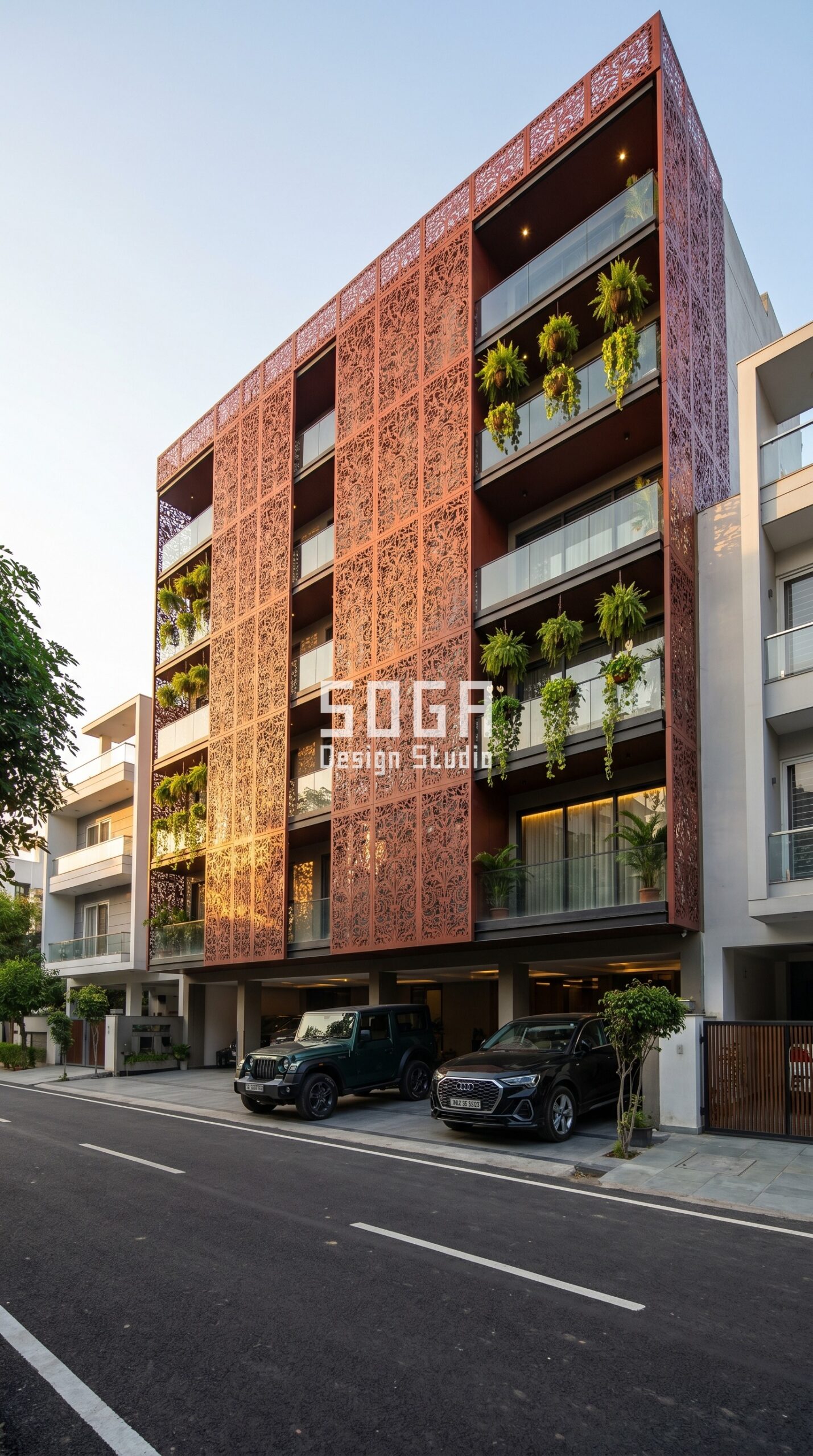 staggered cantilevered metal t parametric facade Kochi - SOGA Design Studio