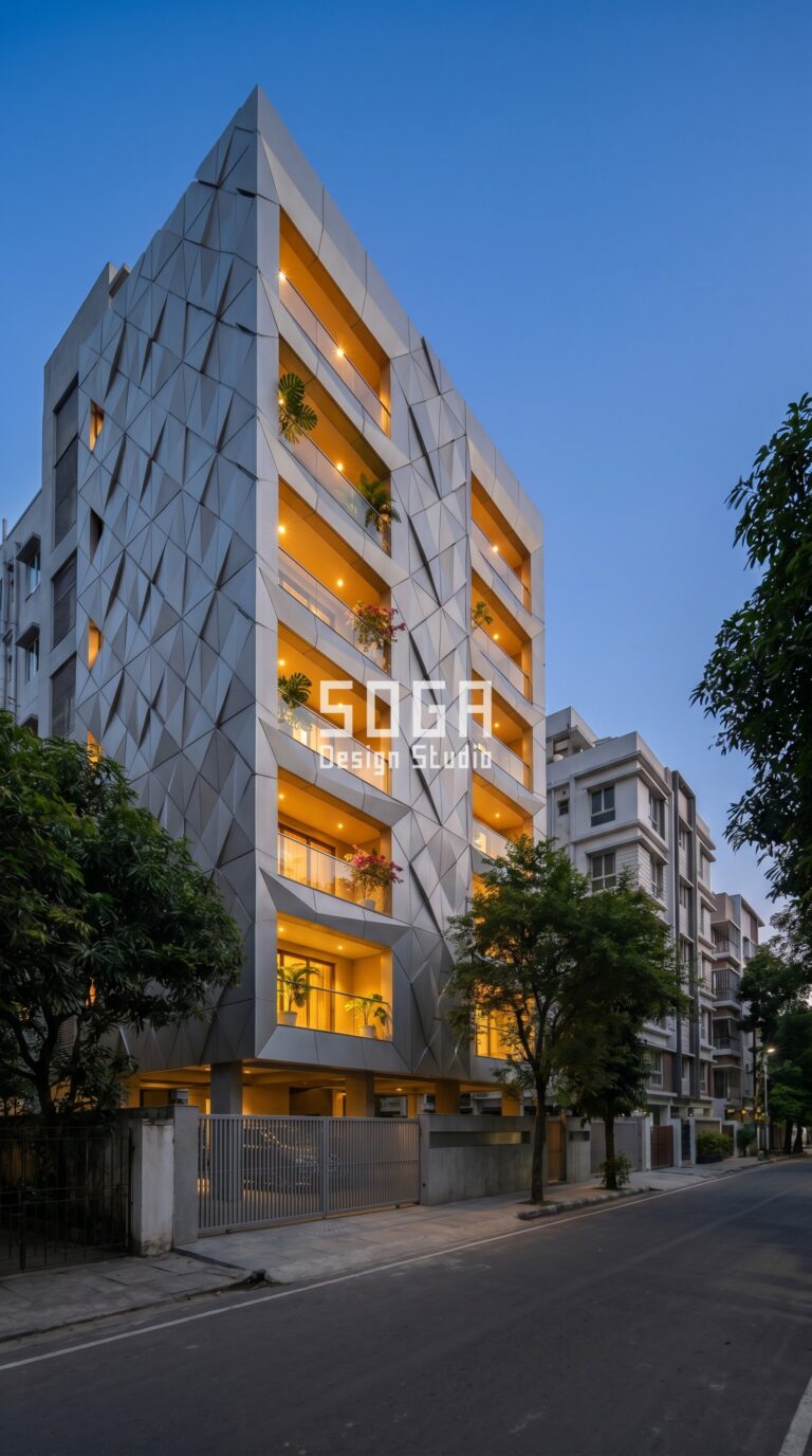 parametric angular diamond-faceted folde parametric facade Kolkata - SOGA Design Studio