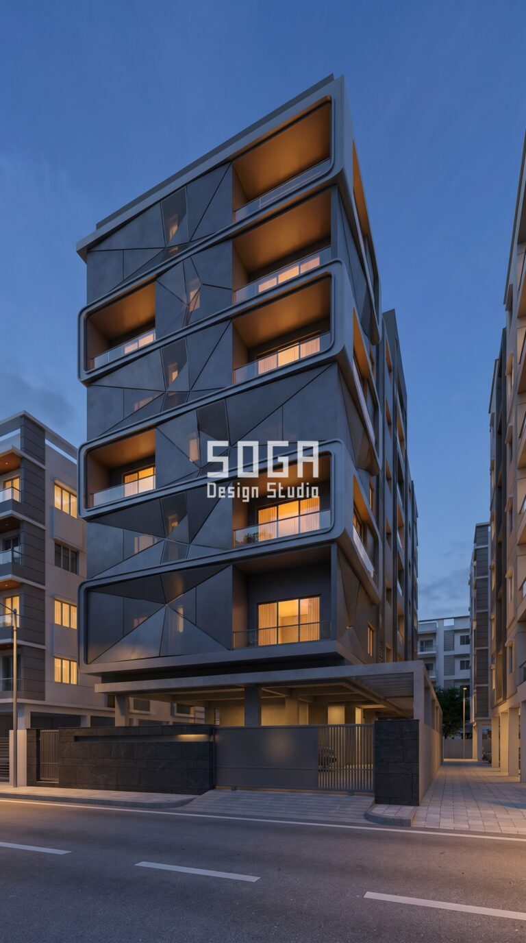 deep-set recessed balconies framed by thick sculptural metal border bands parametric facade Hyderabad — SOGA Design Studio