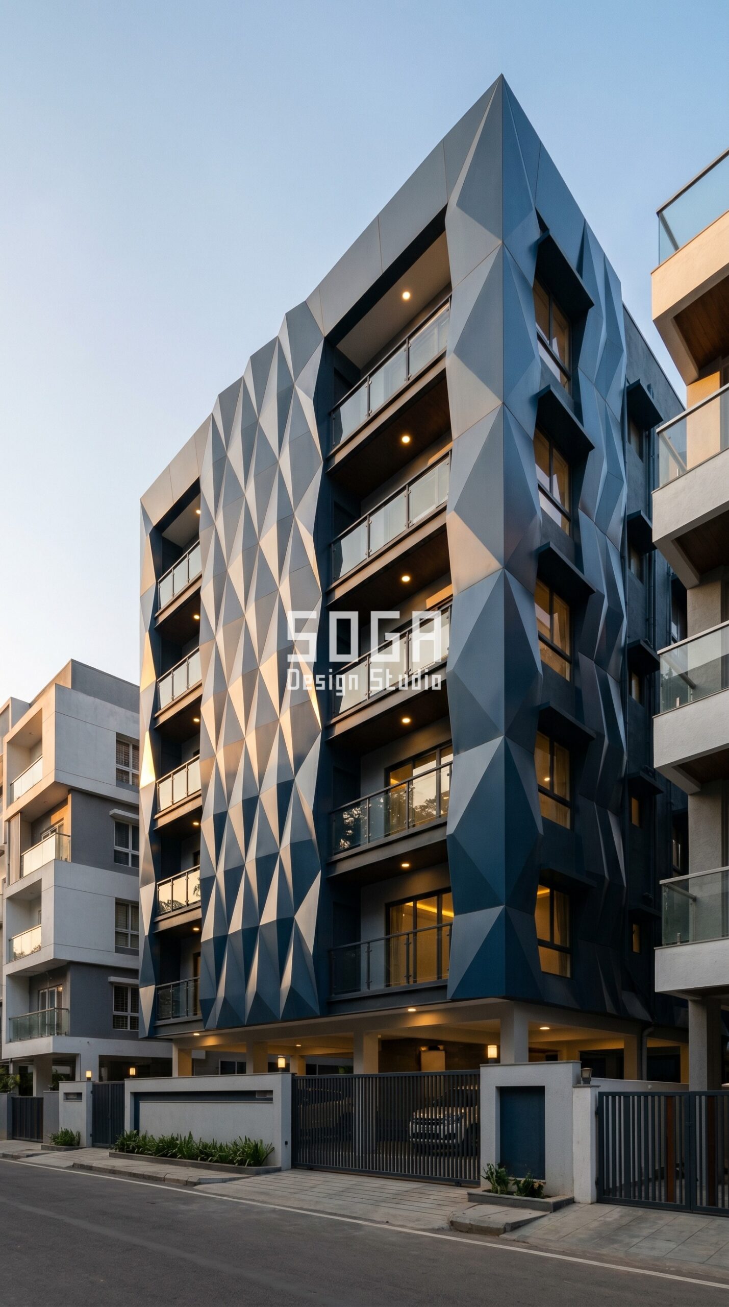faceted prismatic folded metal volumes creating a crystal-like sculptural exteri… parametric facade Bangalore — SOGA Design Studio