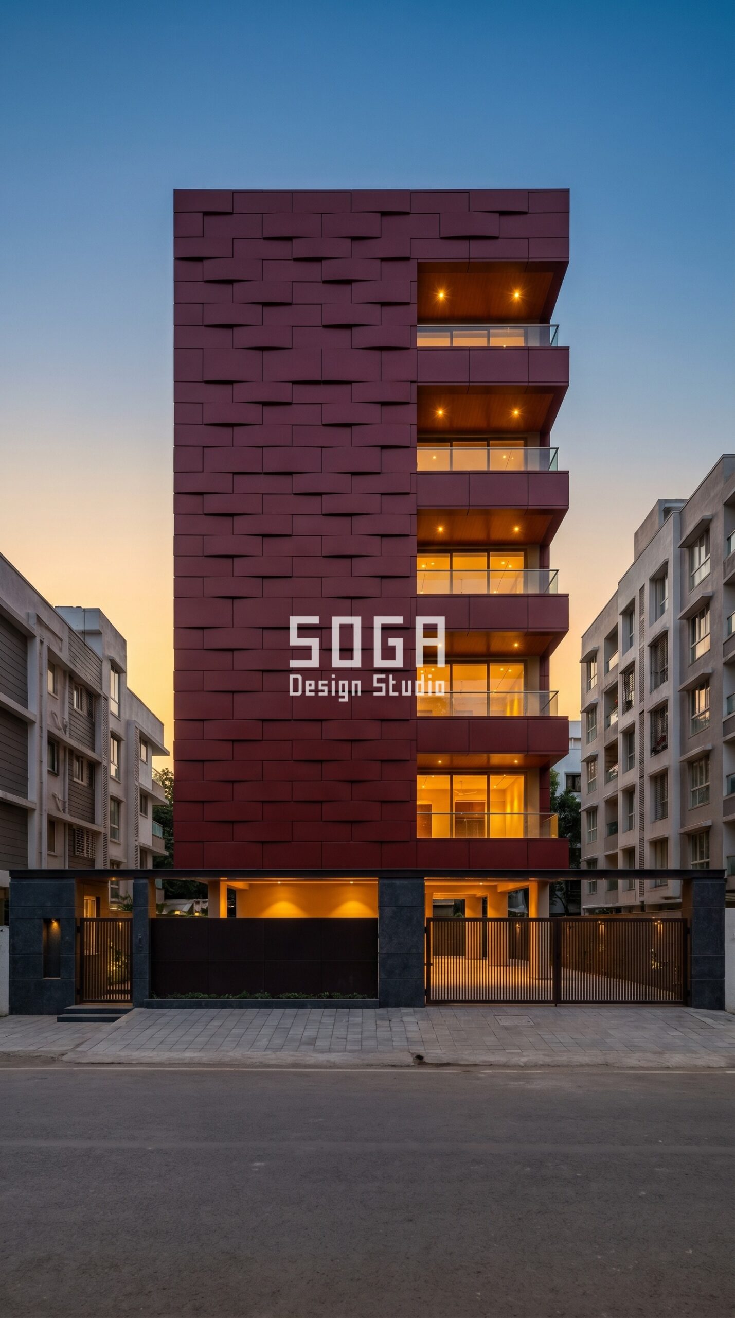 staggered brick-bond large-format metal tiles with deep shadow joints parametric facade Pune — SOGA Design Studio