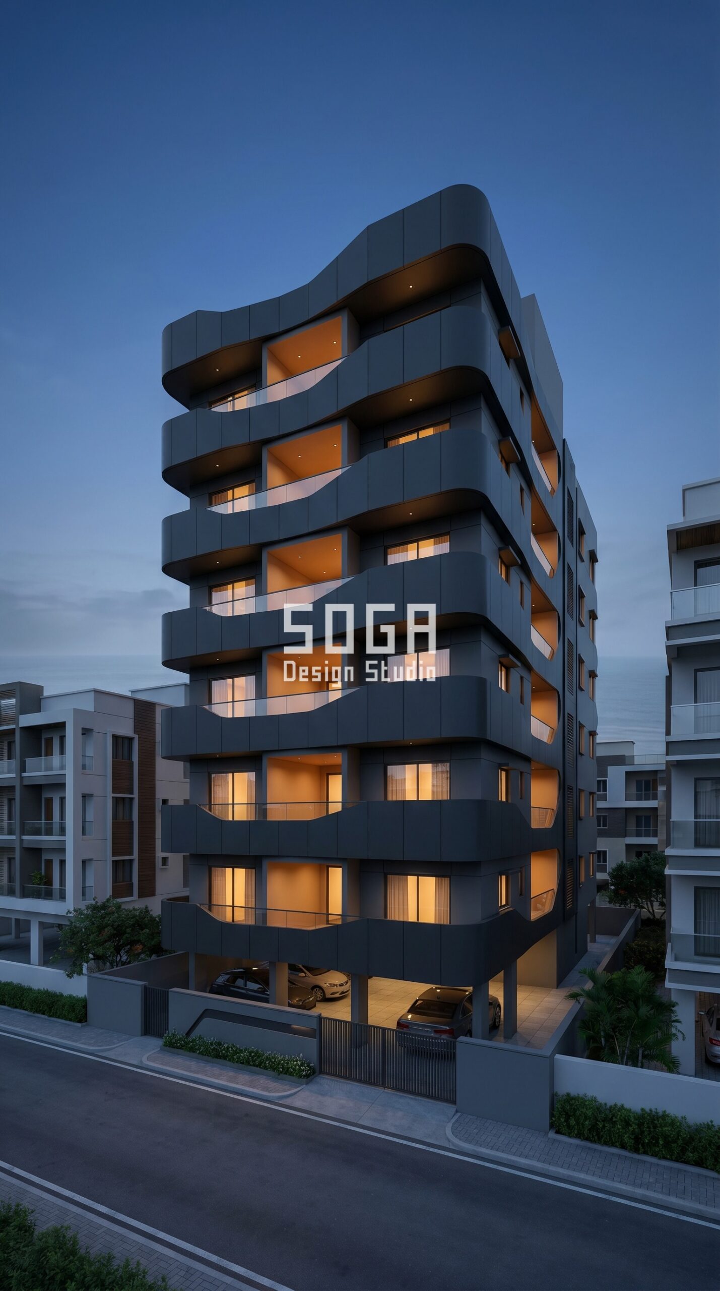 staggered cantilevered metal trays at al parametric facade Vizag - SOGA Design Studio
