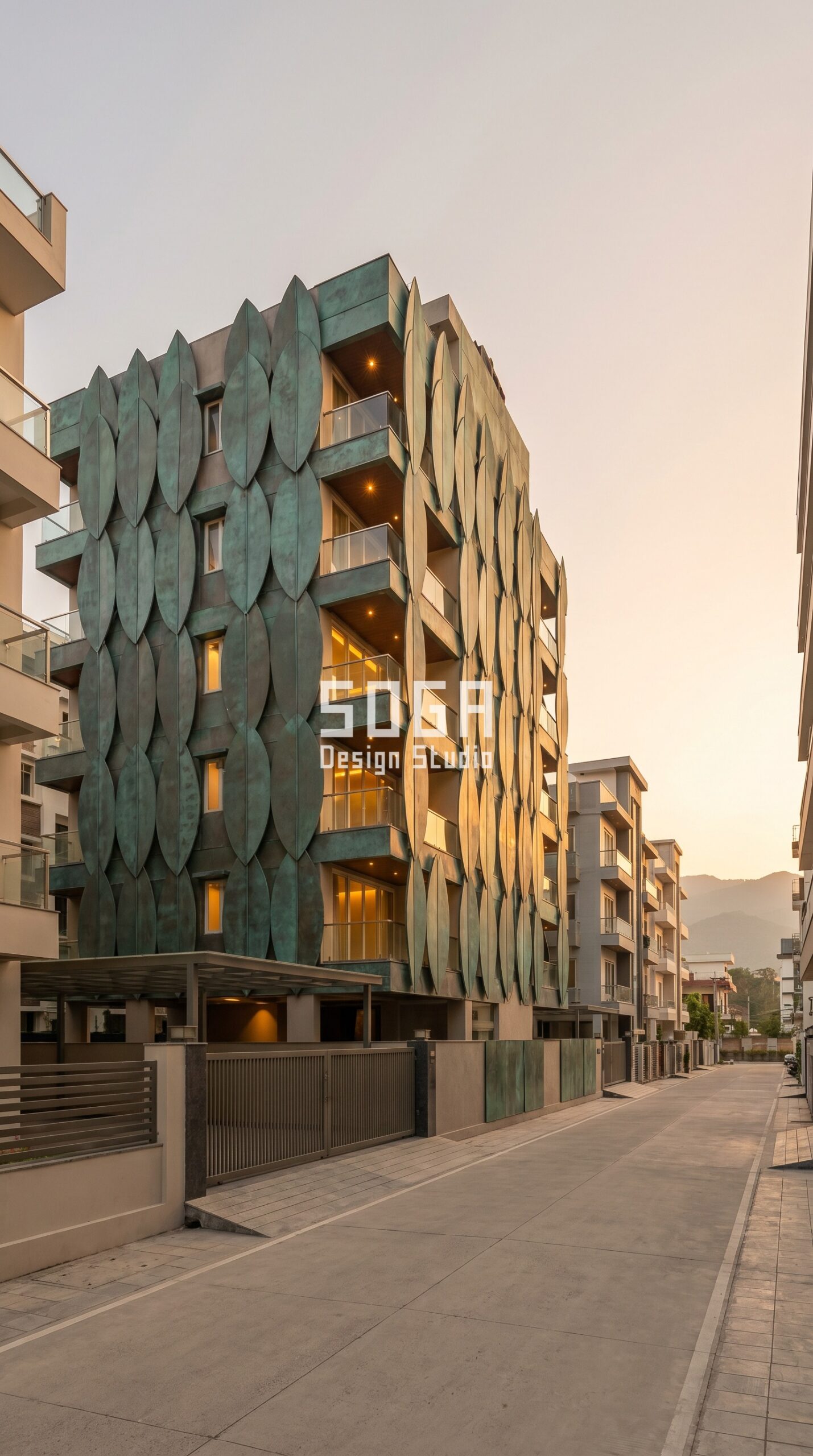 Parametric staggered cantilevered metal trays at al Architecture: Redefining India Urban Facades 2026 6 staggered cantilevered metal t parametric facade Vizag - SOGA Design Studio