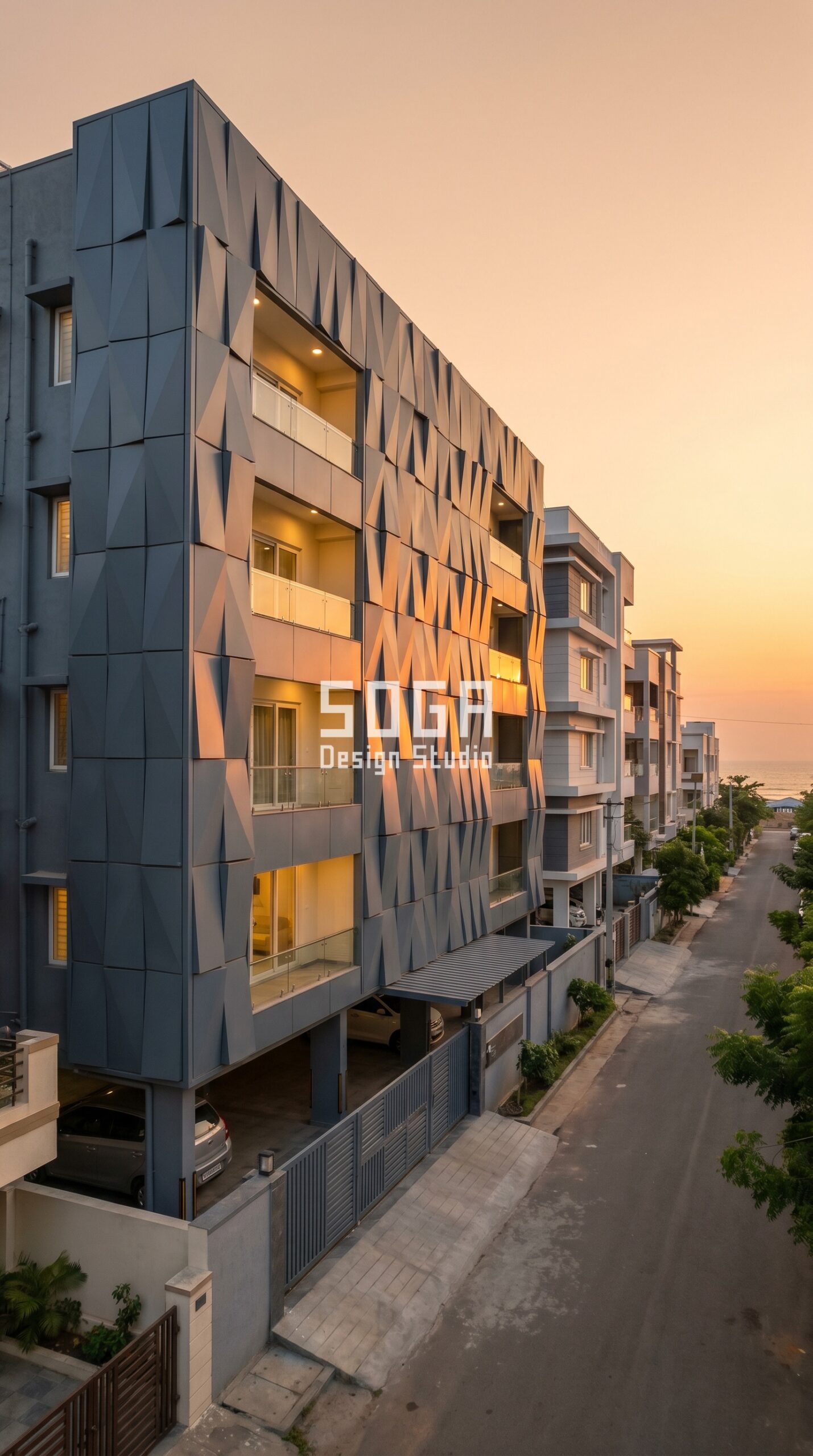 Facade Design in India 2026: Parametric Metal Facade Guide 5 rectilinear metal grid overlay parametric facade Hyderabad - SOGA Design Studio
