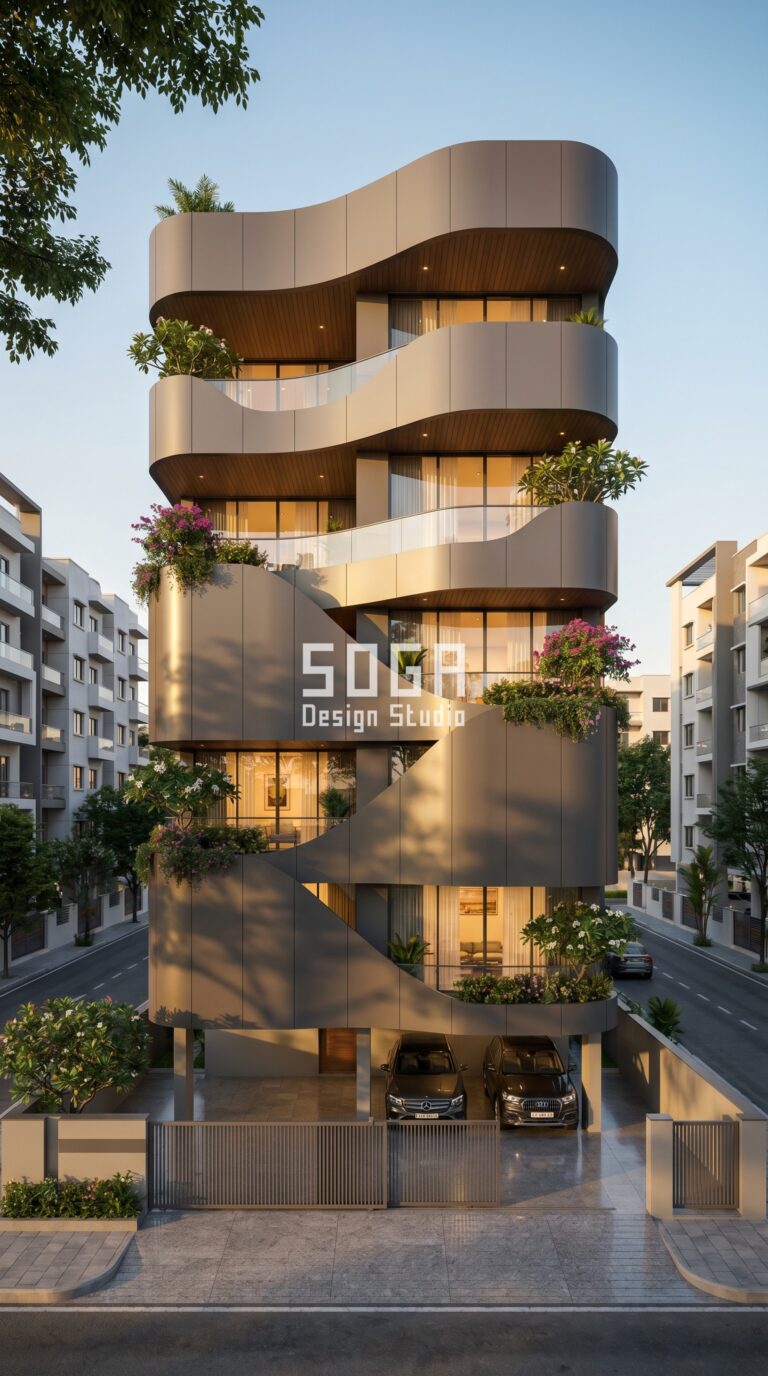 How SOGA Design Studio Is Redefining Facade Design in India (2026) 2 terraced stepped volumes each entirely c parametric facade Bangalore - SOGA Design Studio