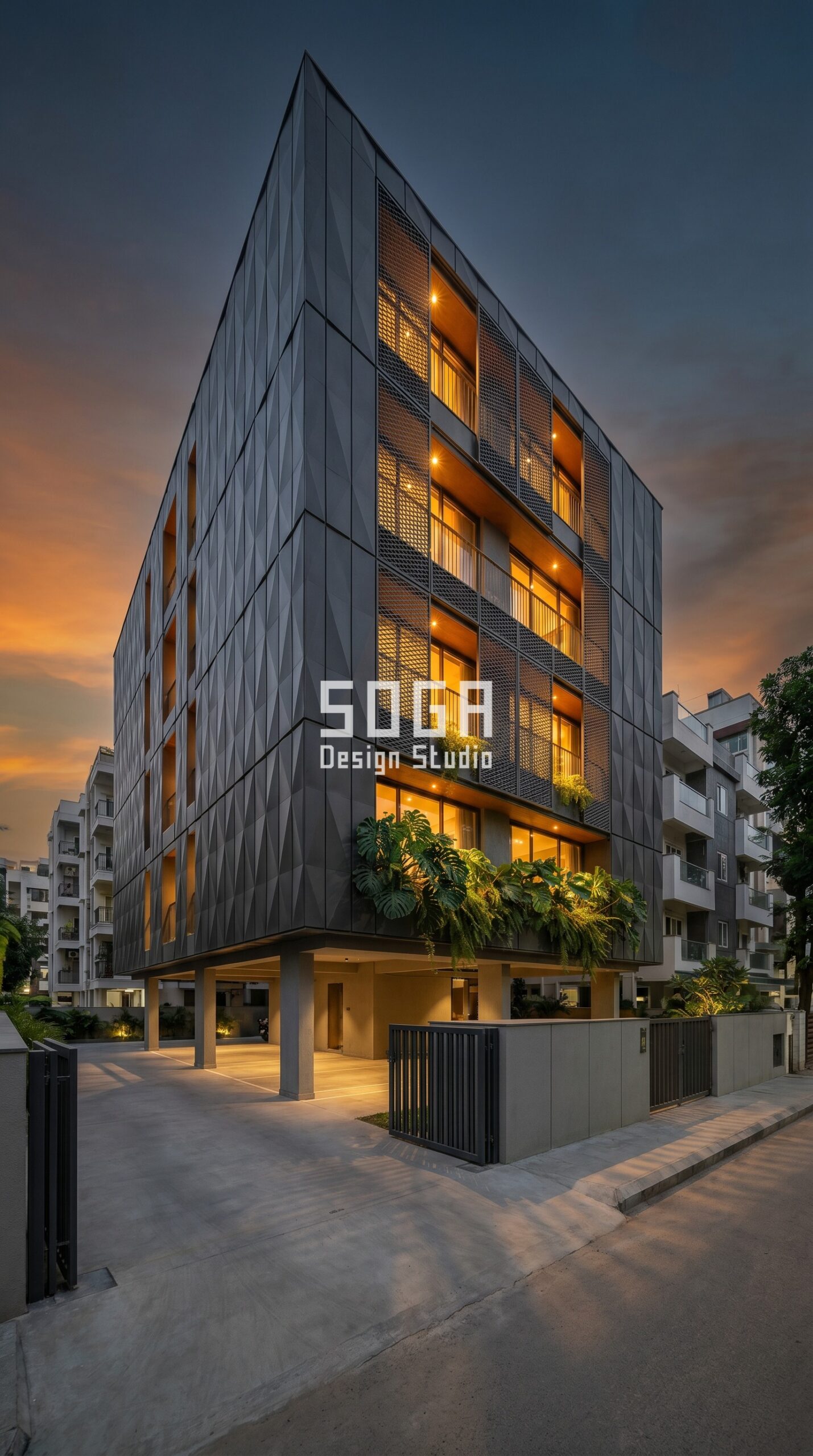 Parametric Facade Design in India 2026: Bhopal Metal Facade Guide 7 massive cantilever box volume with full parametric facade Bhopal - SOGA Design Studio