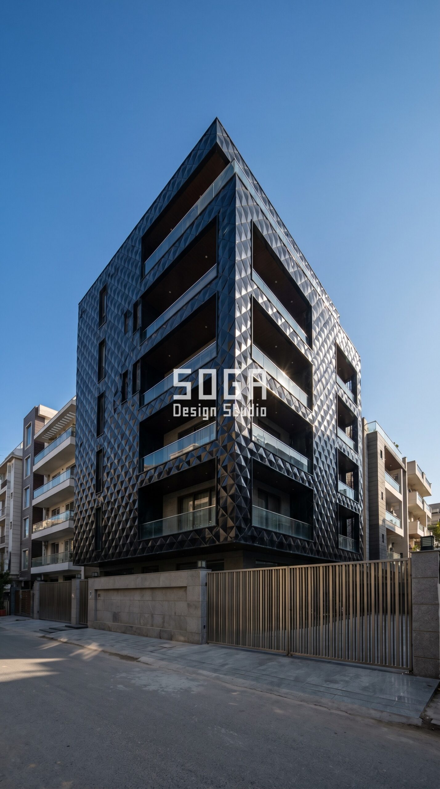 SogaGrid diamond parametric facade Delhi G+5 jet black gloss — SOGA Design Studio