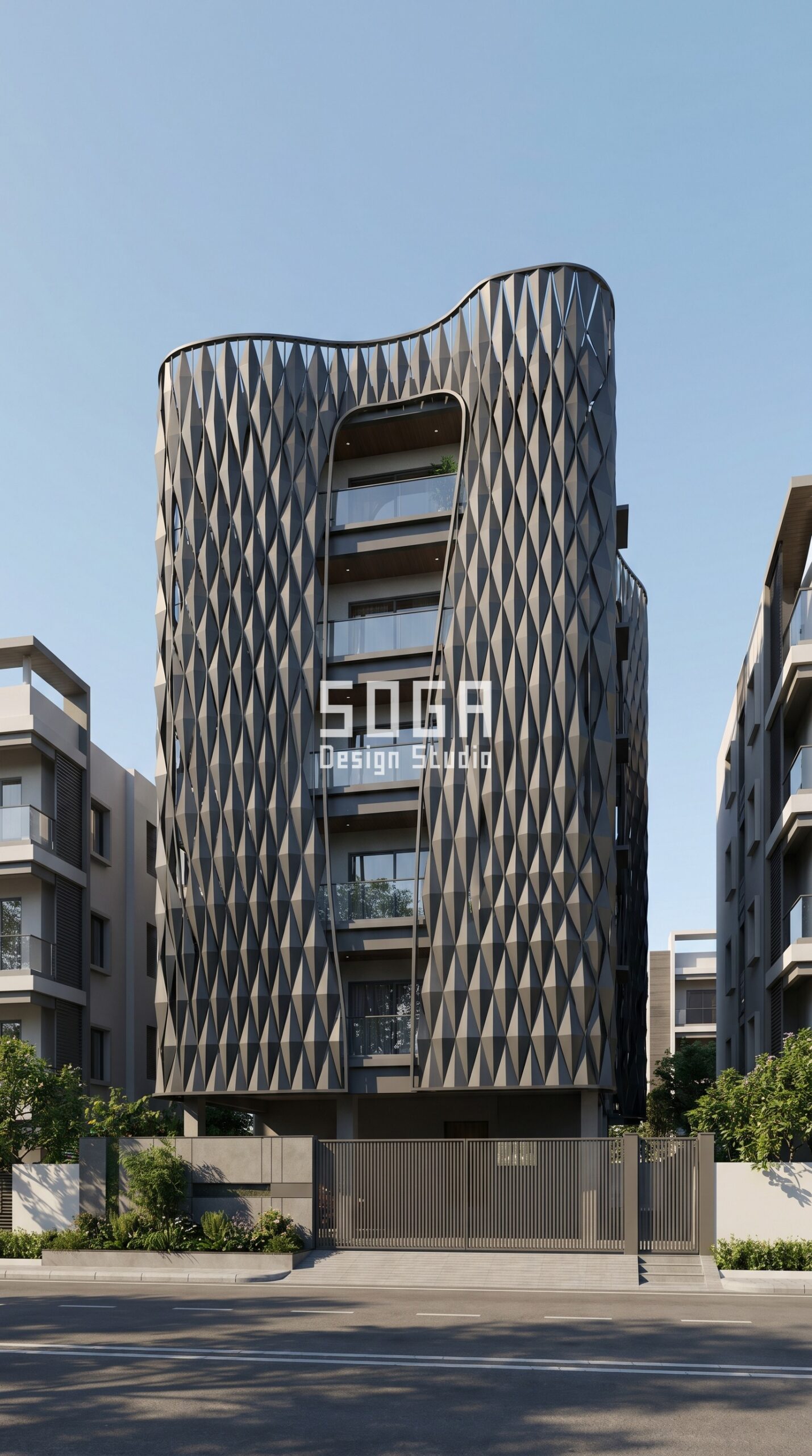 SogaGrid algorithmic diamond parametric facade Hyderabad G+4 charcoal — SOGA Design Studio