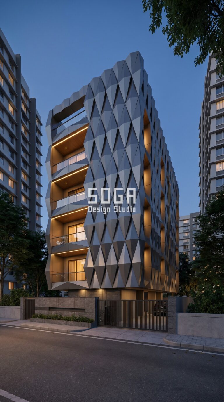 SogaGrid diamond panel parametric facade Mumbai anthracite grey powder coat - SOGA Design Studio