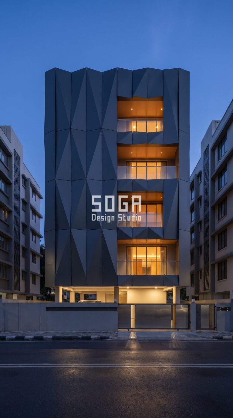 SogaGrid diamond parametric facade Mumbai powder coated aluminium anthracite grey - SOGA Design Studio