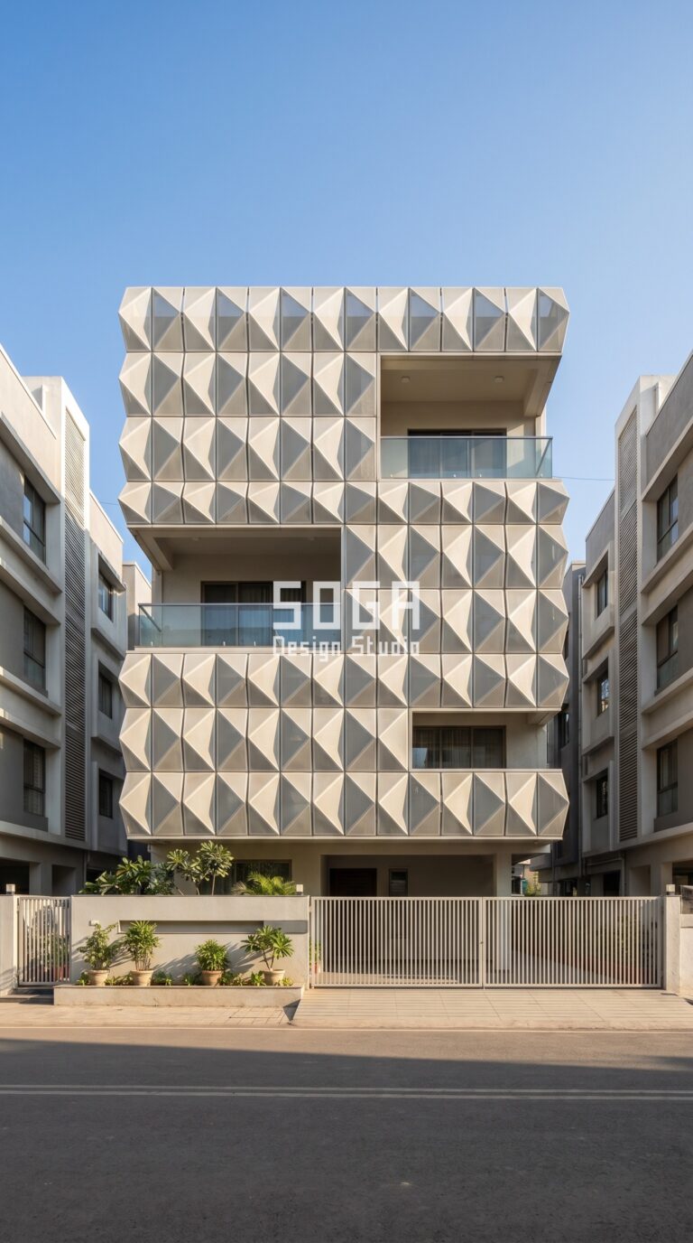 SogaGrid diamond panel parametric facade Pune warm off-white powder coat - SOGA Design Studio