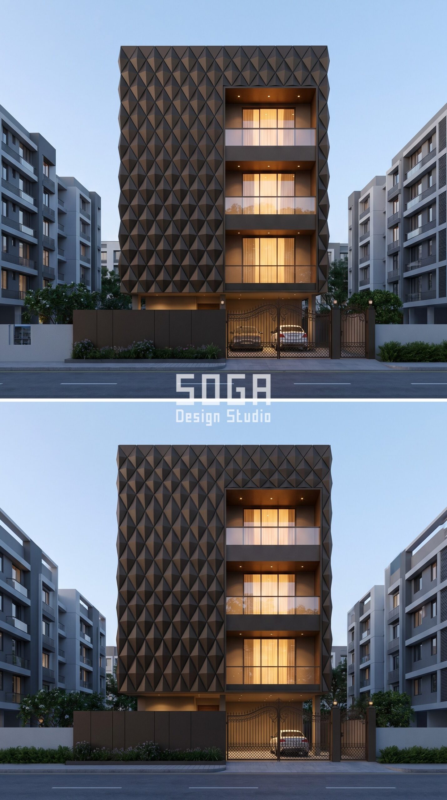 SogaGrid diamond panel parametric facade Surat dark bronze powder coat - SOGA Design Studio
