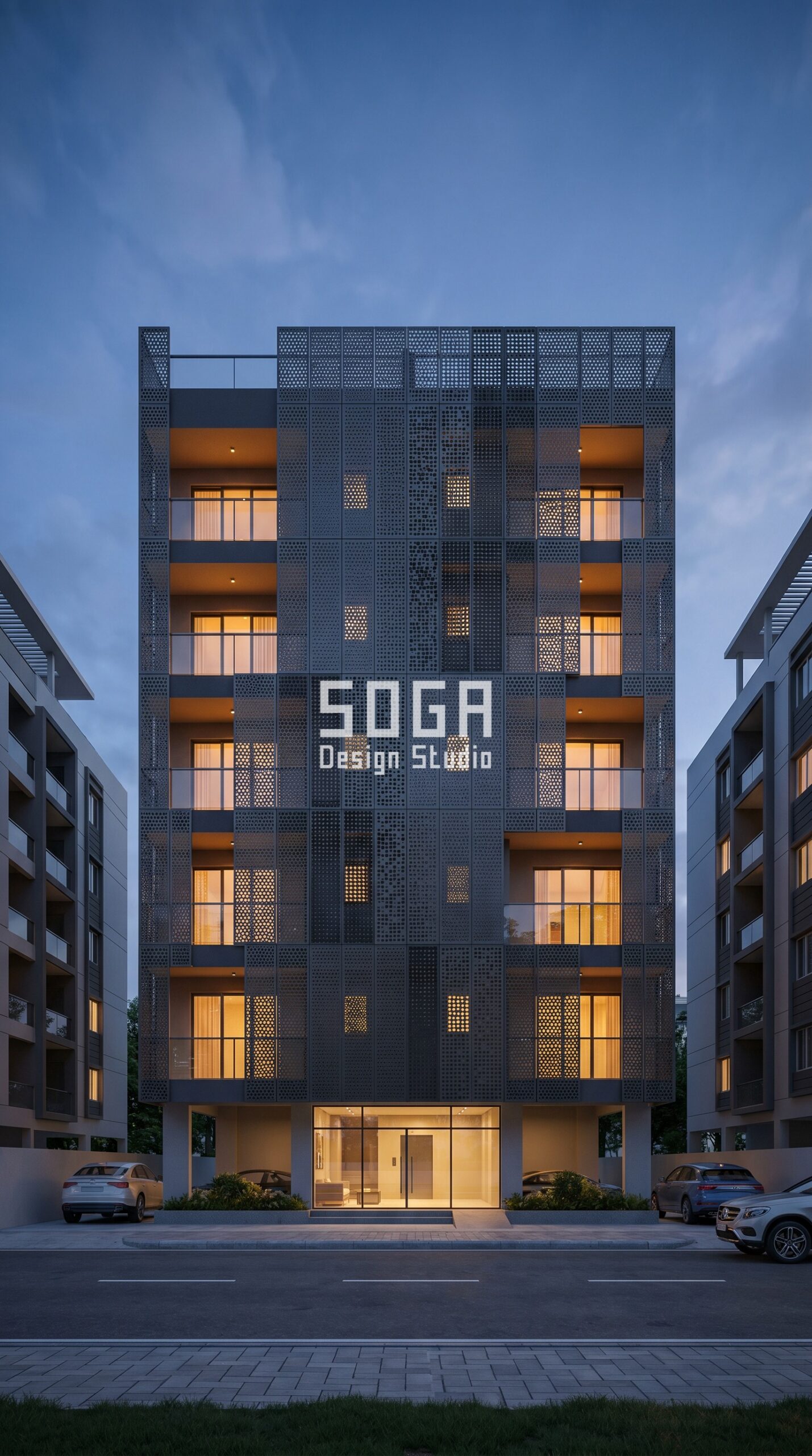 SogaPulse algorithmic gradient parametric facade Bangalore dark gunmetal powder coat - SOGA Design Studio