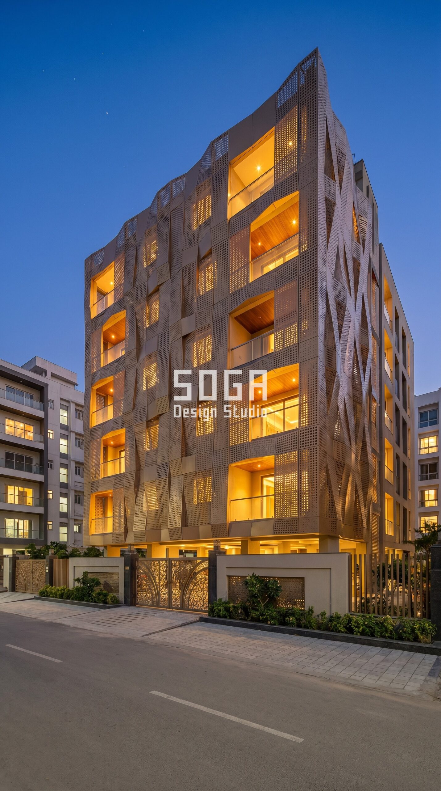 SogaPulse algorithmic responsive parametric facade Jaipur champagne bronze powder coat - SOGA Design Studio