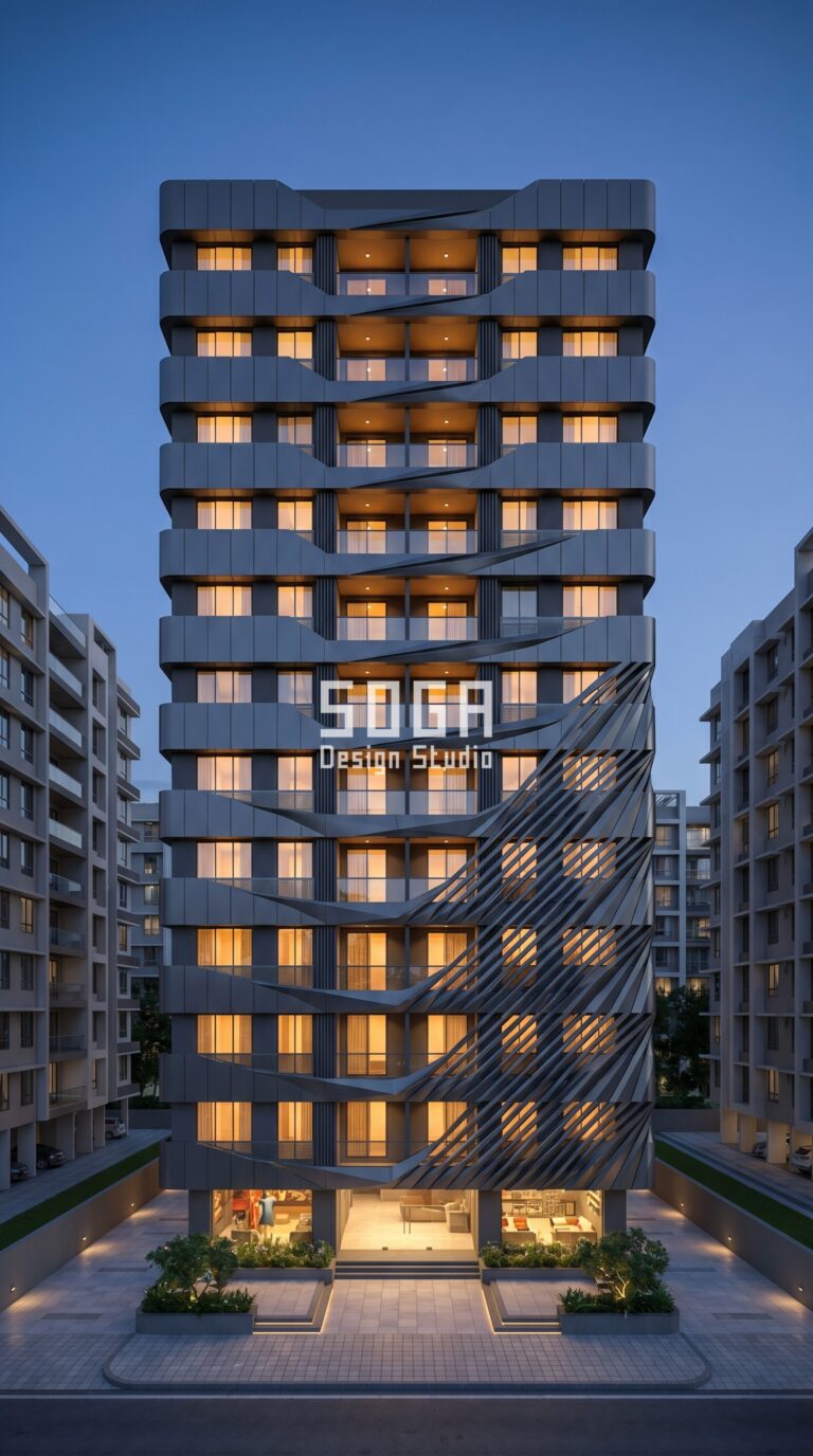 SogaPulse algorithmic parametric facade Mumbai anthracite metallic powder coat - SOGA Design Studio