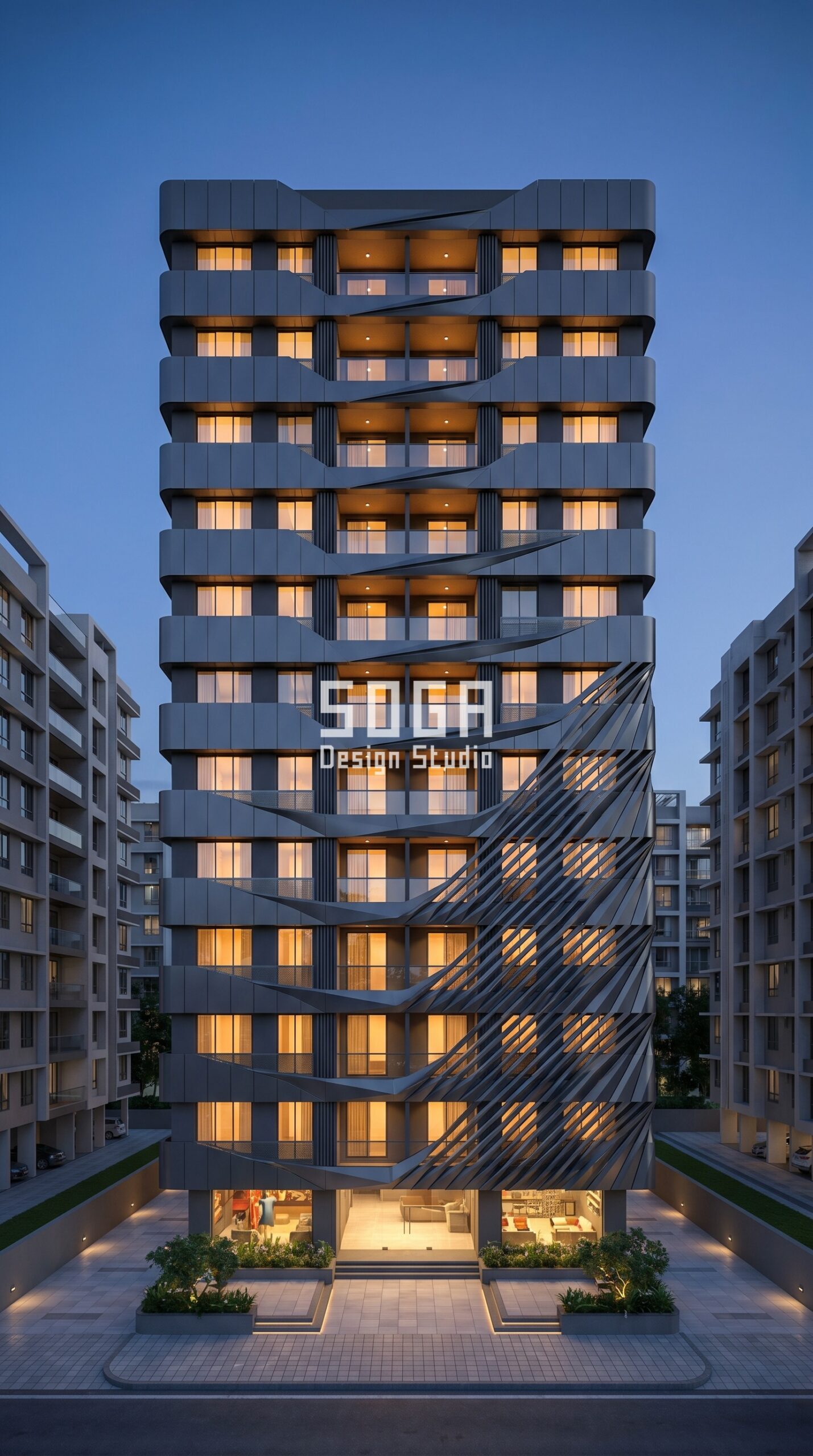 SogaPulse algorithmic parametric facade Mumbai anthracite metallic powder coat - SOGA Design Studio