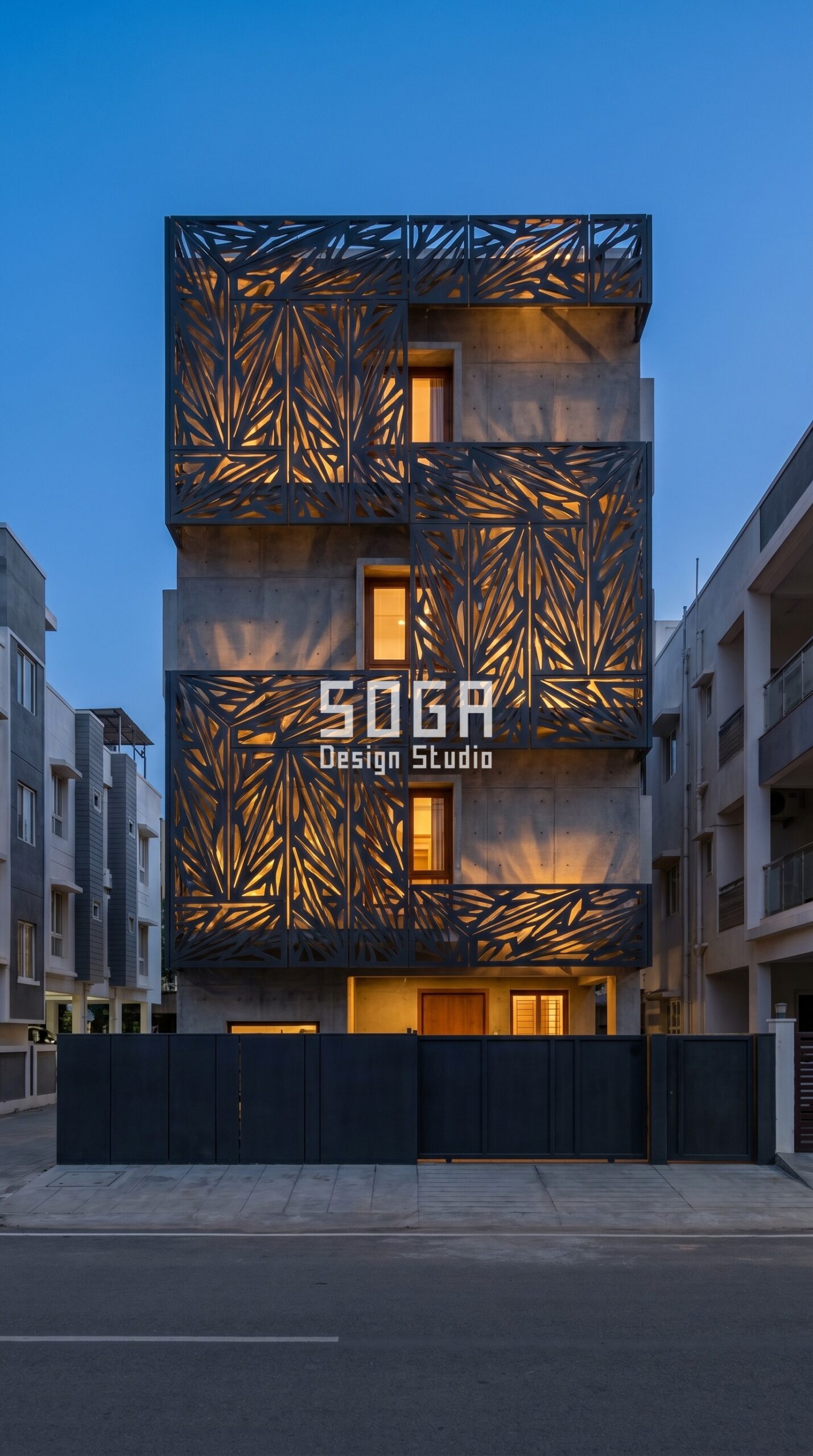 SogaScreen shadow screen parametric facade Coimbatore deep charcoal powder coat - SOGA Design Studio