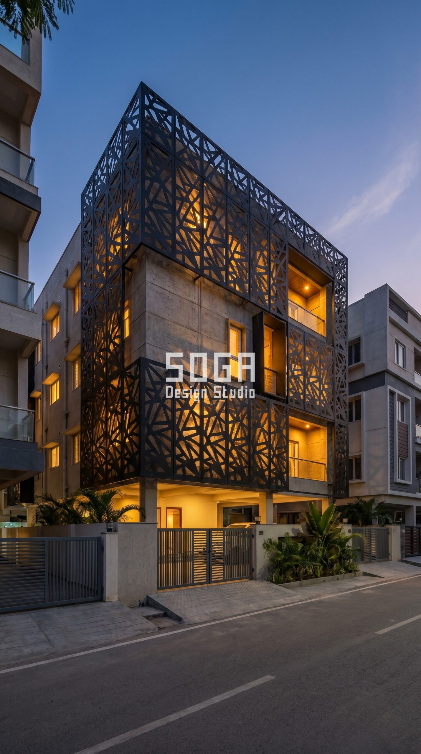 SogaScreen parametric shadow screen Hyderabad CNC-cut powder coated aluminium matte black - SOGA Design Studio