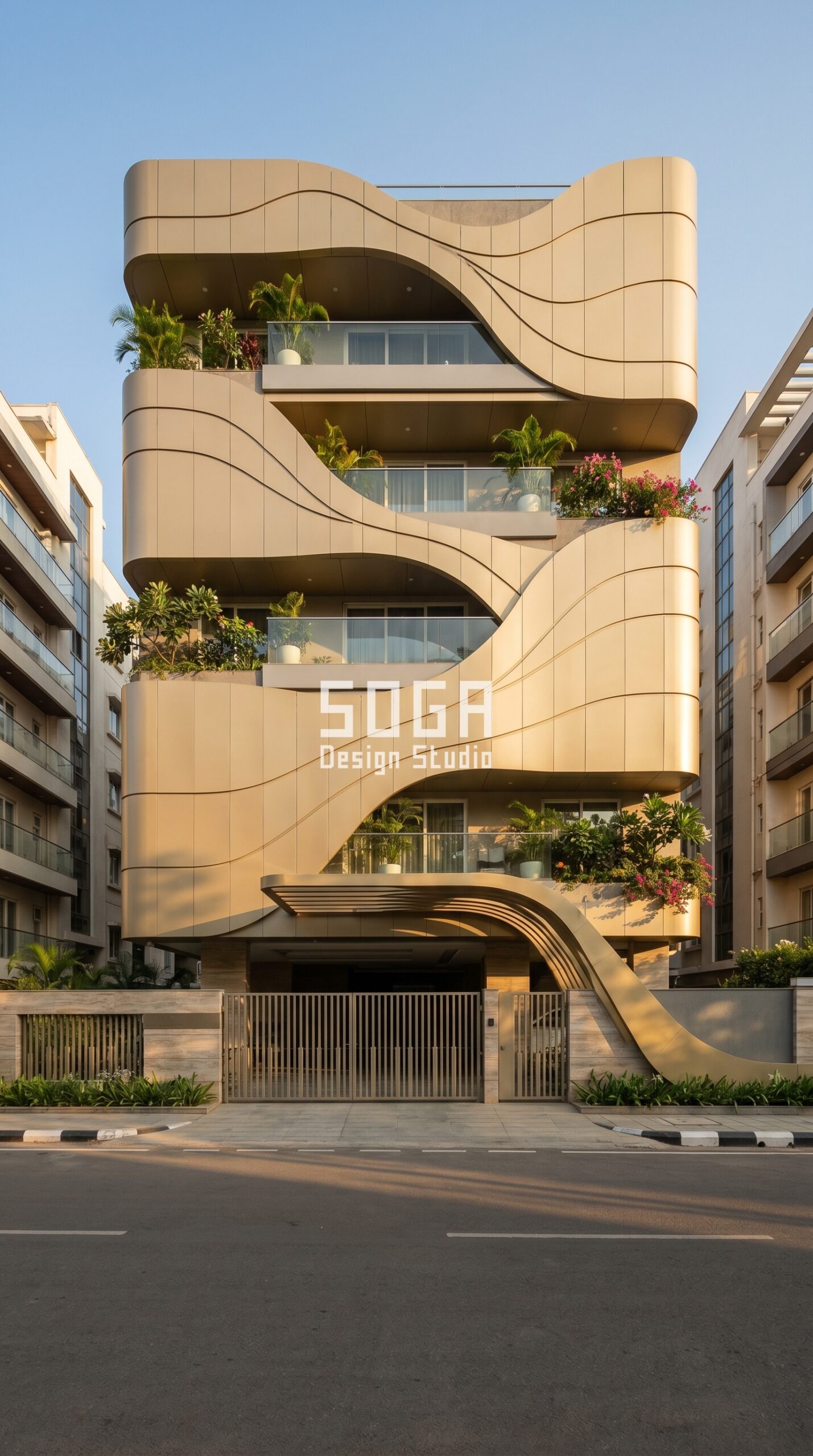 SogaShell organic wave parametric facade Bangalore G+4 sage green — SOGA Design Studio