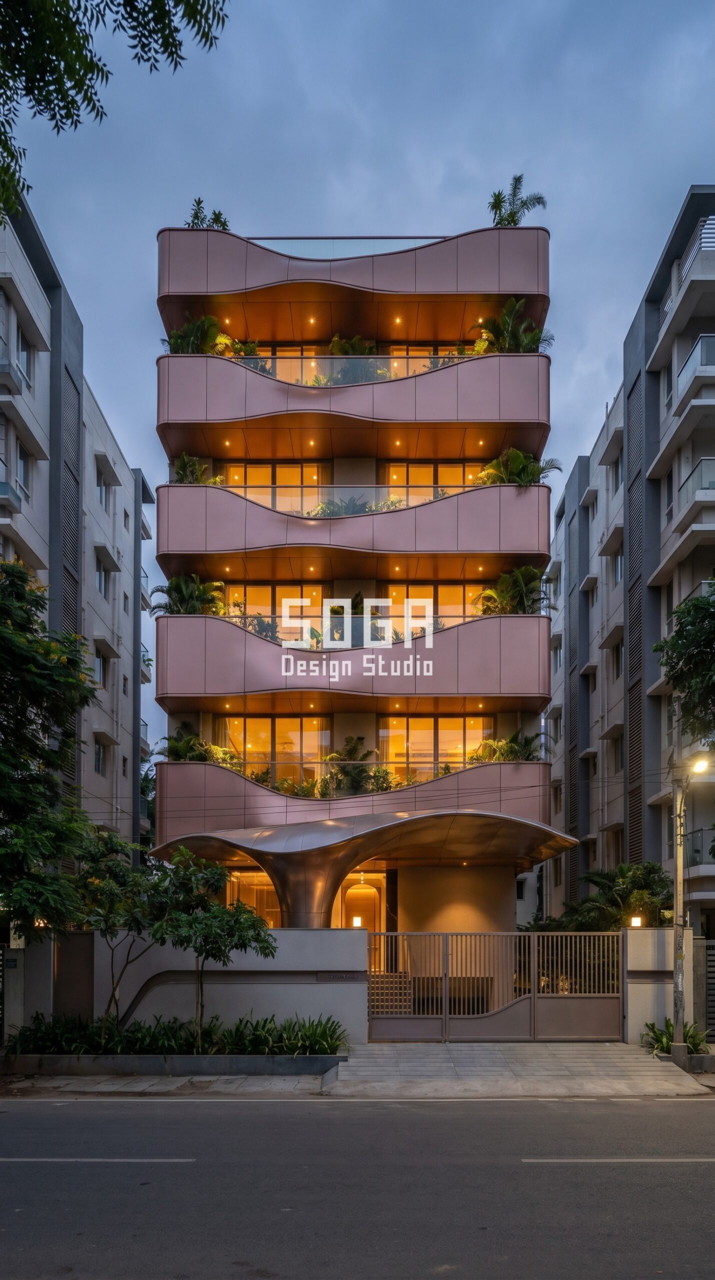 SogaShell organic wave parametric facade Chennai rose gold powder coat - SOGA Design Studio
