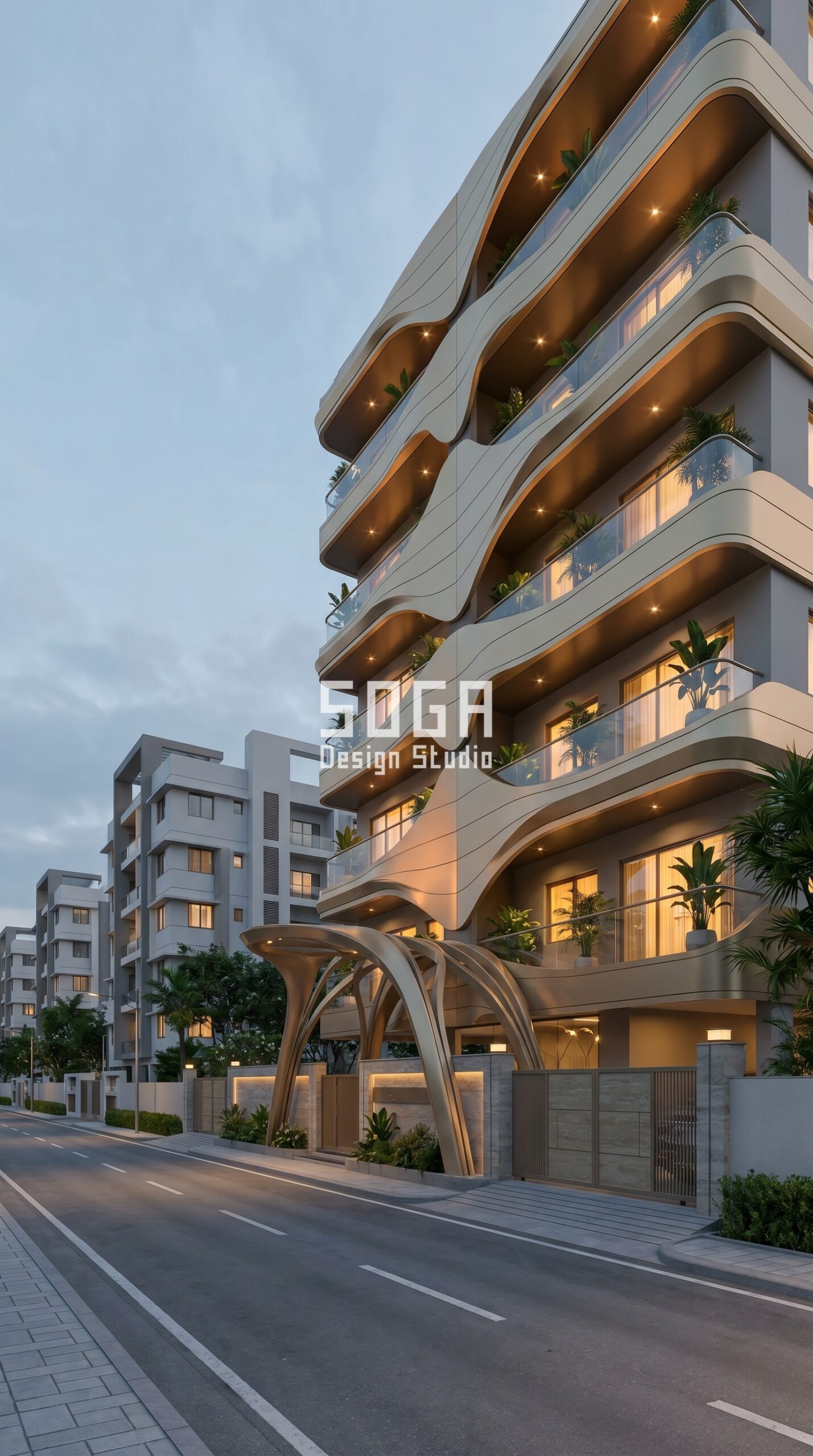 SogaShell organic wave parametric facade Chennai PVDF aluminium champagne metallic - SOGA Design Studio