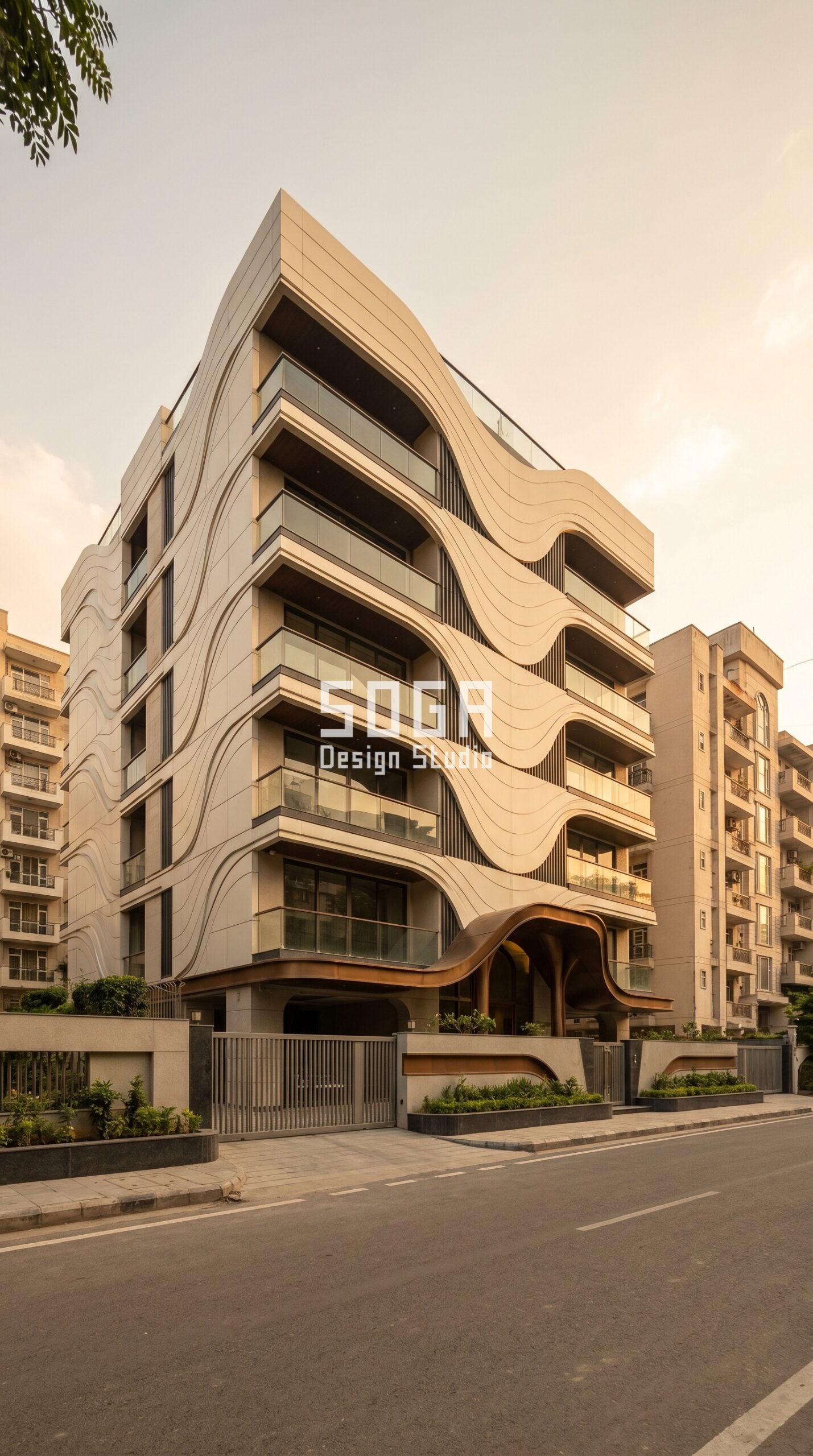 SogaShell parametric wave landmark facade Delhi G+5 warm white satin — SOGA Design Studio