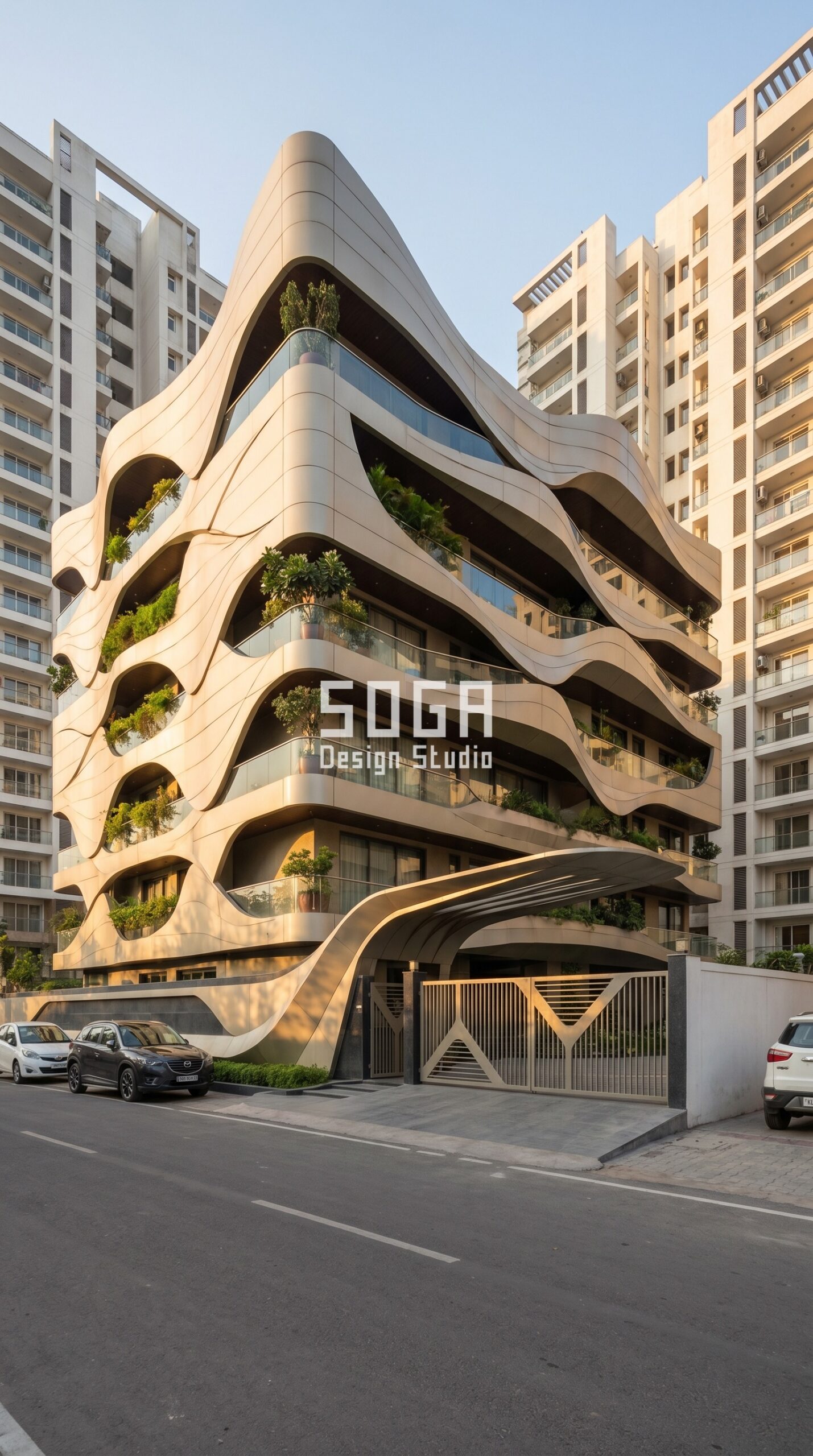 SogaShell organic wave parametric facade Lucknow warm ivory powder coat - SOGA Design Studio