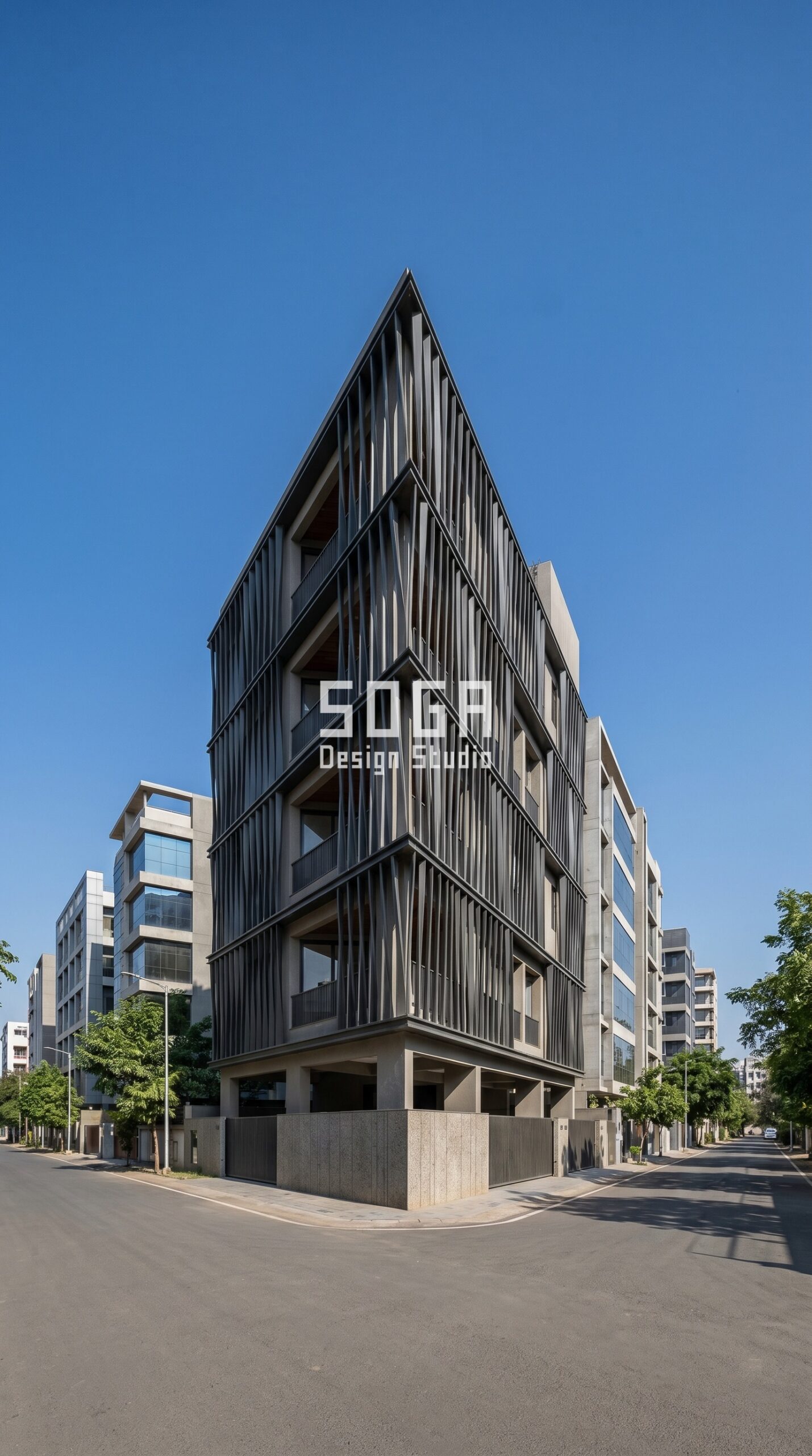 SogaWeave twisted fin parametric facade Ahmedabad gun-metal grey powder coat - SOGA Design Studio