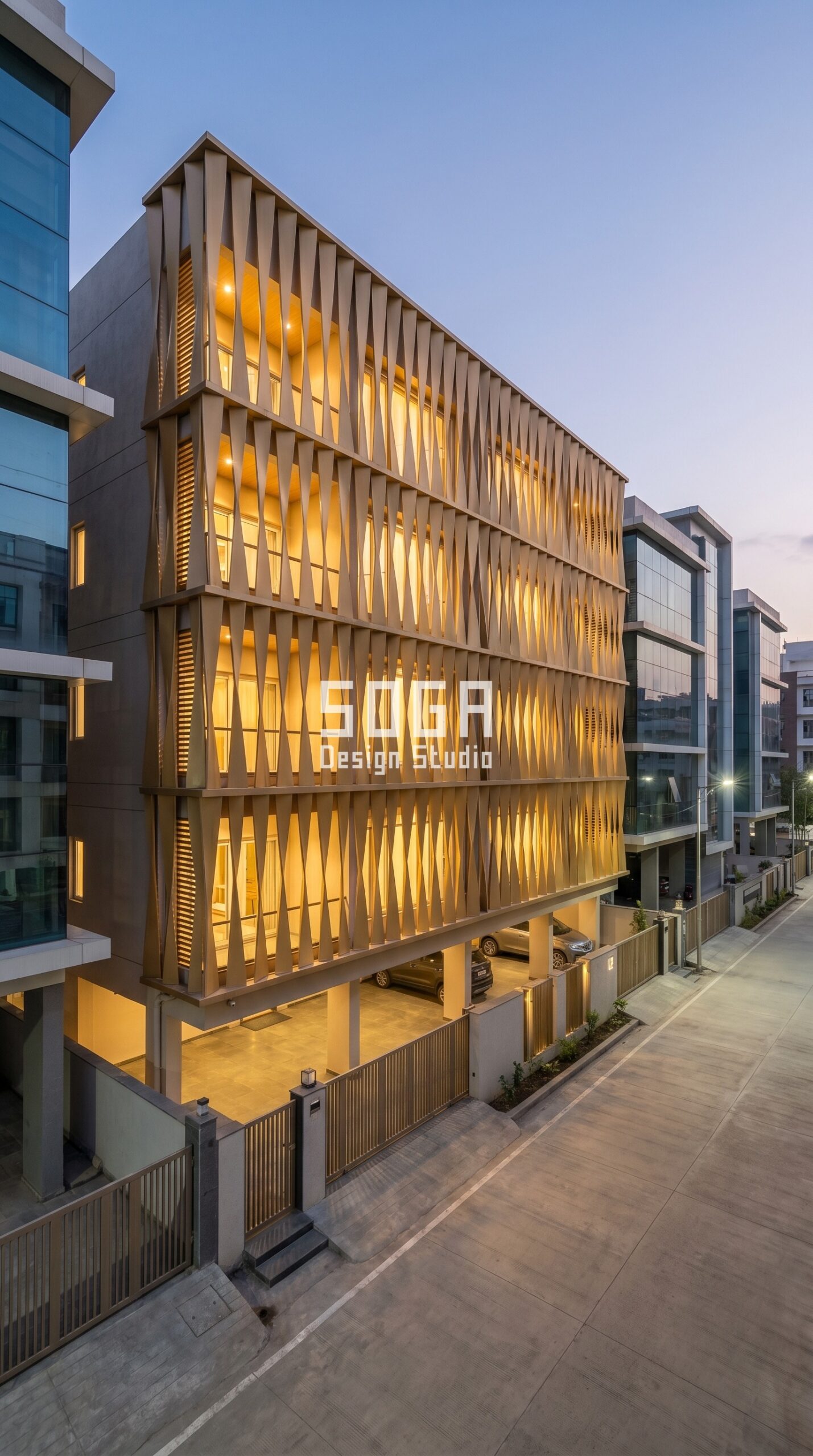 SogaWeave twisted fin parametric facade Indore champagne gold powder coat - SOGA Design Studio
