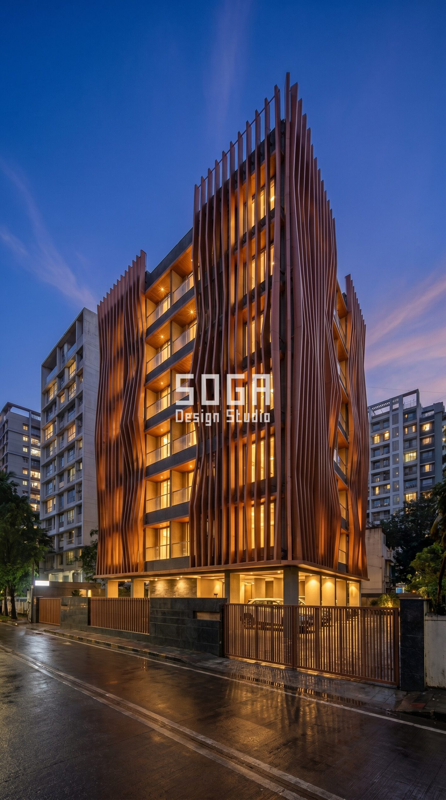 SogaWeave twisted aluminium fin facade Mumbai G+5 copper metallic — SOGA Design Studio