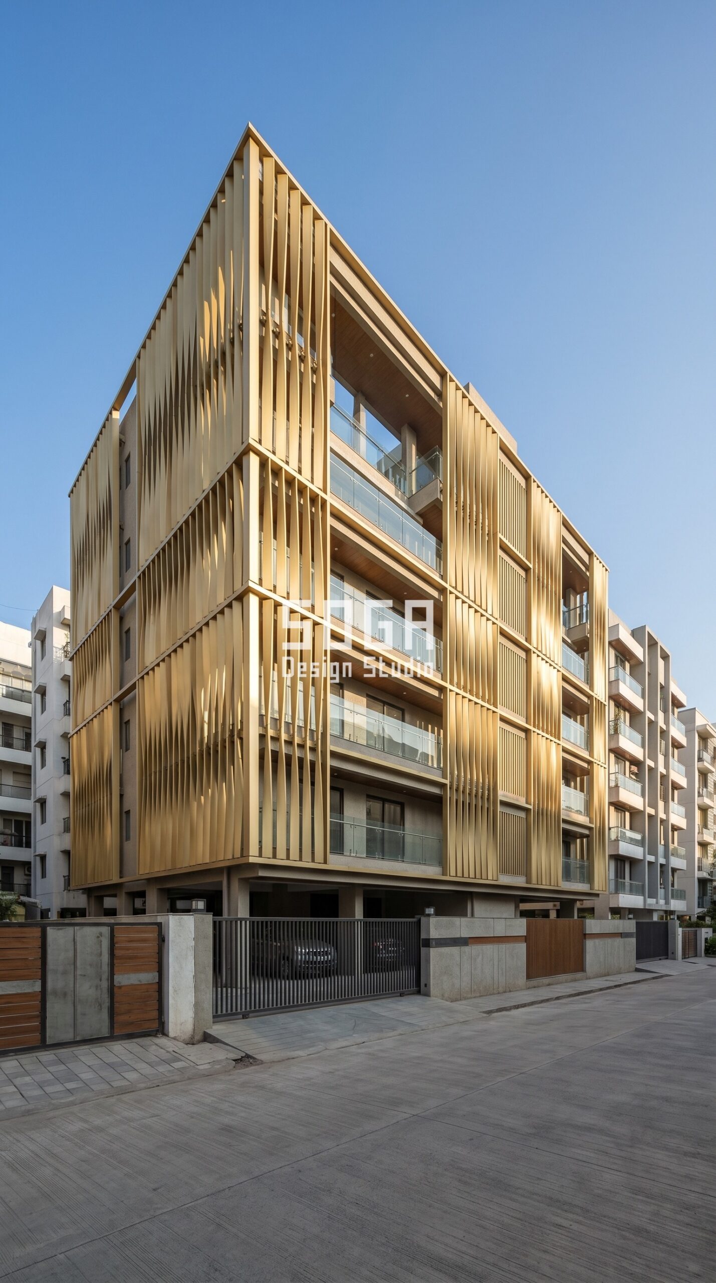 SogaWeave twisted fin parametric facade Pune anodised champagne gold aluminium - SOGA Design Studio