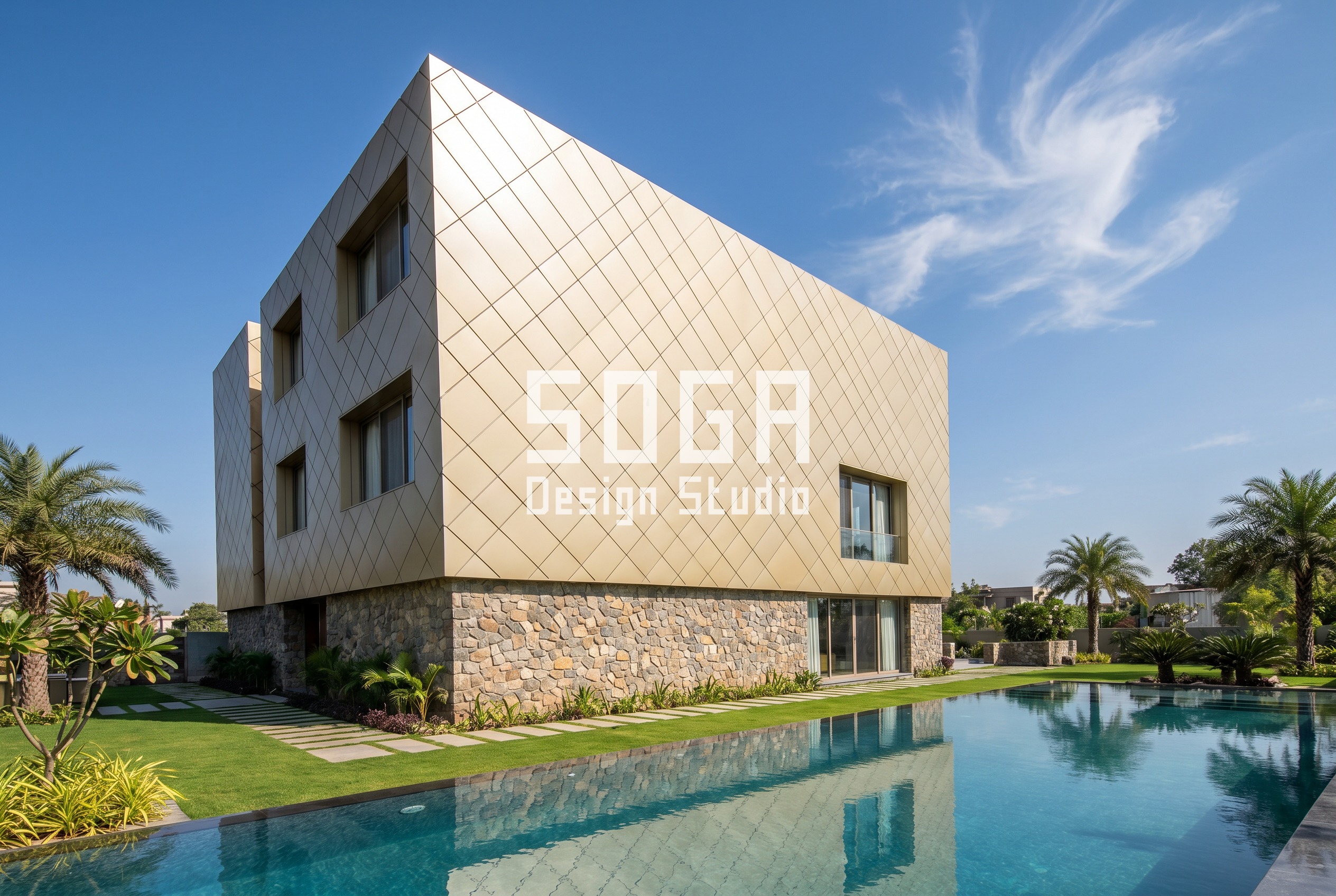 diamond aluminium panel villa facade luxury villa North India - SOGA Design Studio
