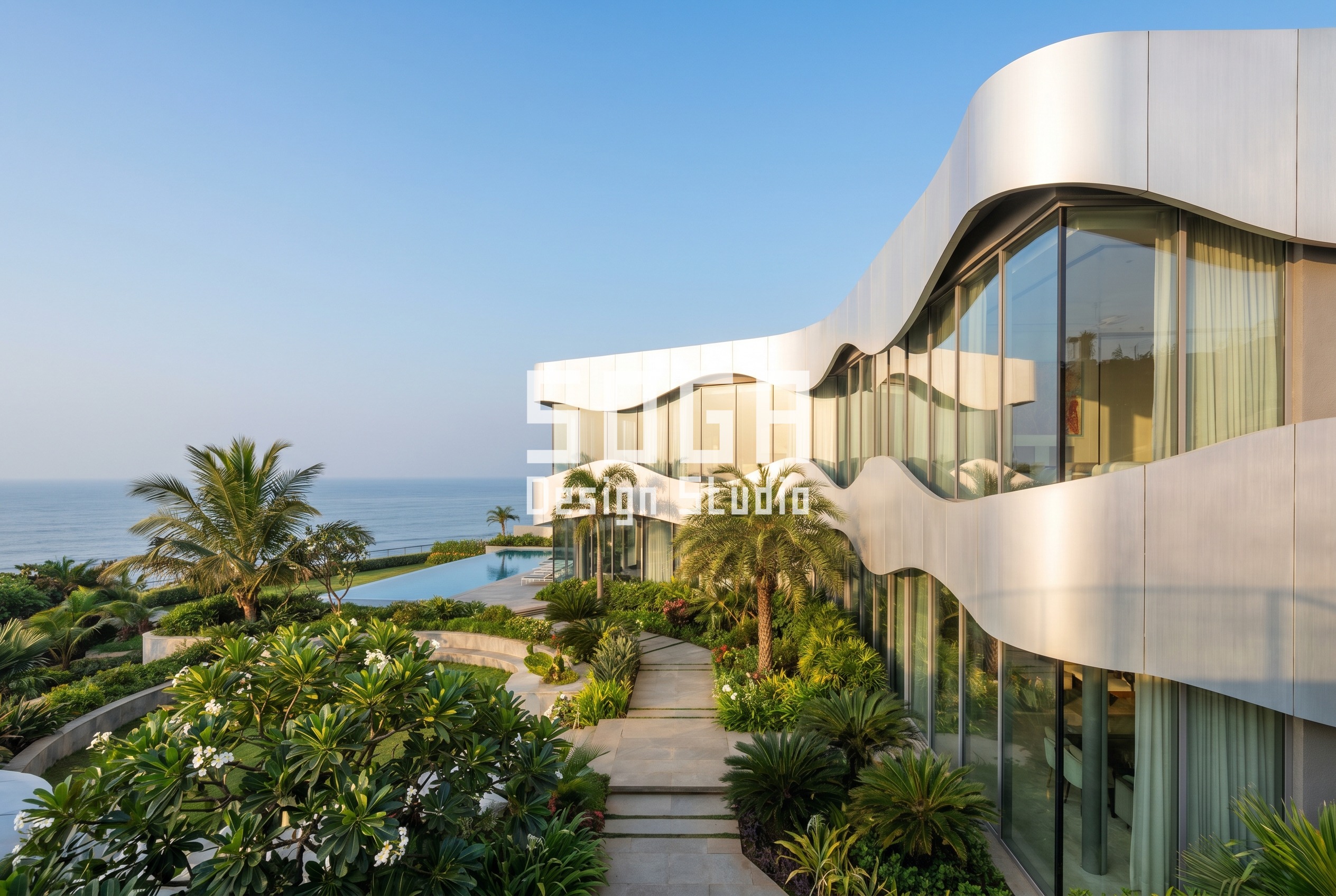 organic wave aluminium panel facade luxury villa West India - SOGA Design Studio