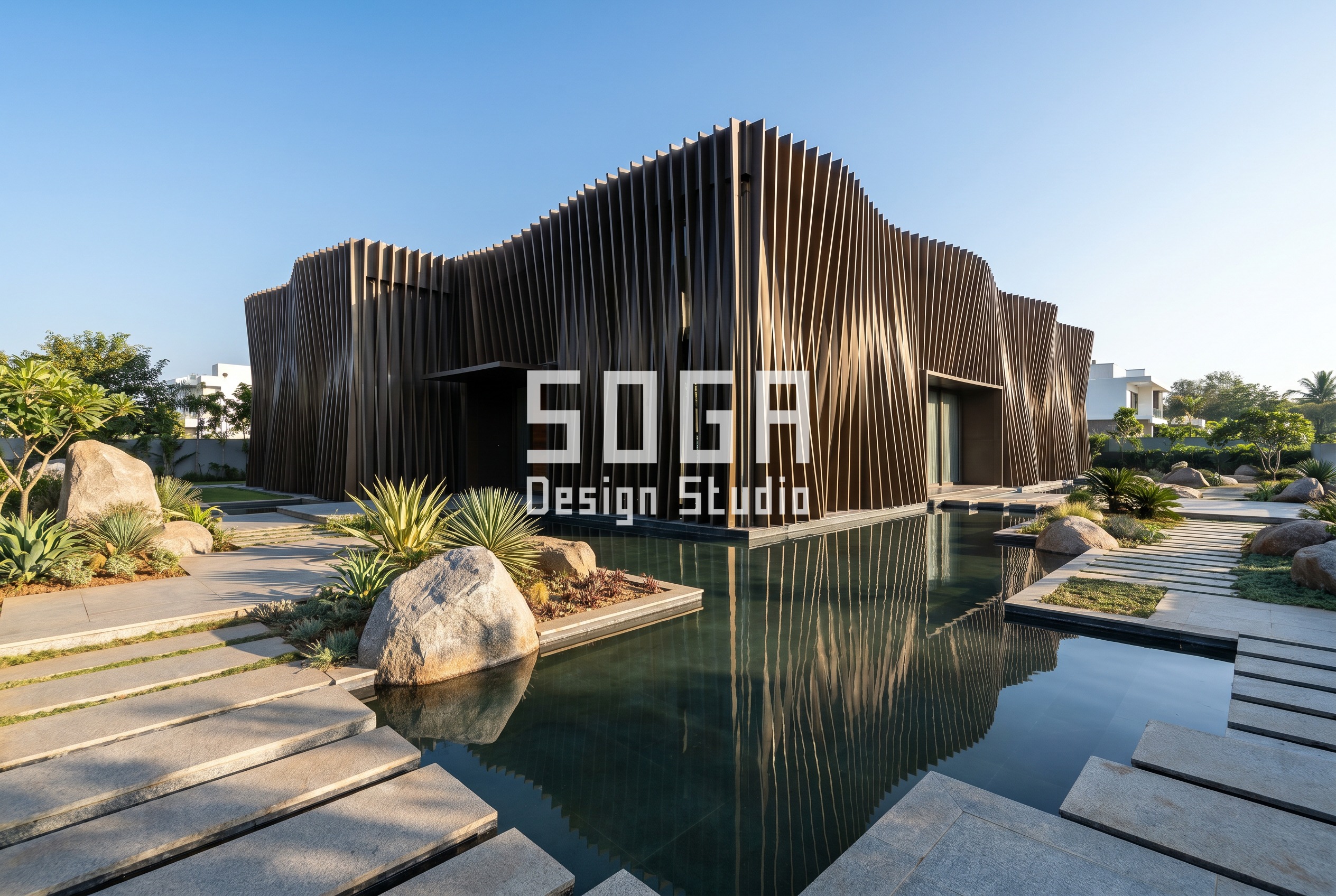 twisted aluminium fin villa facade luxury villa South India - SOGA Design Studio