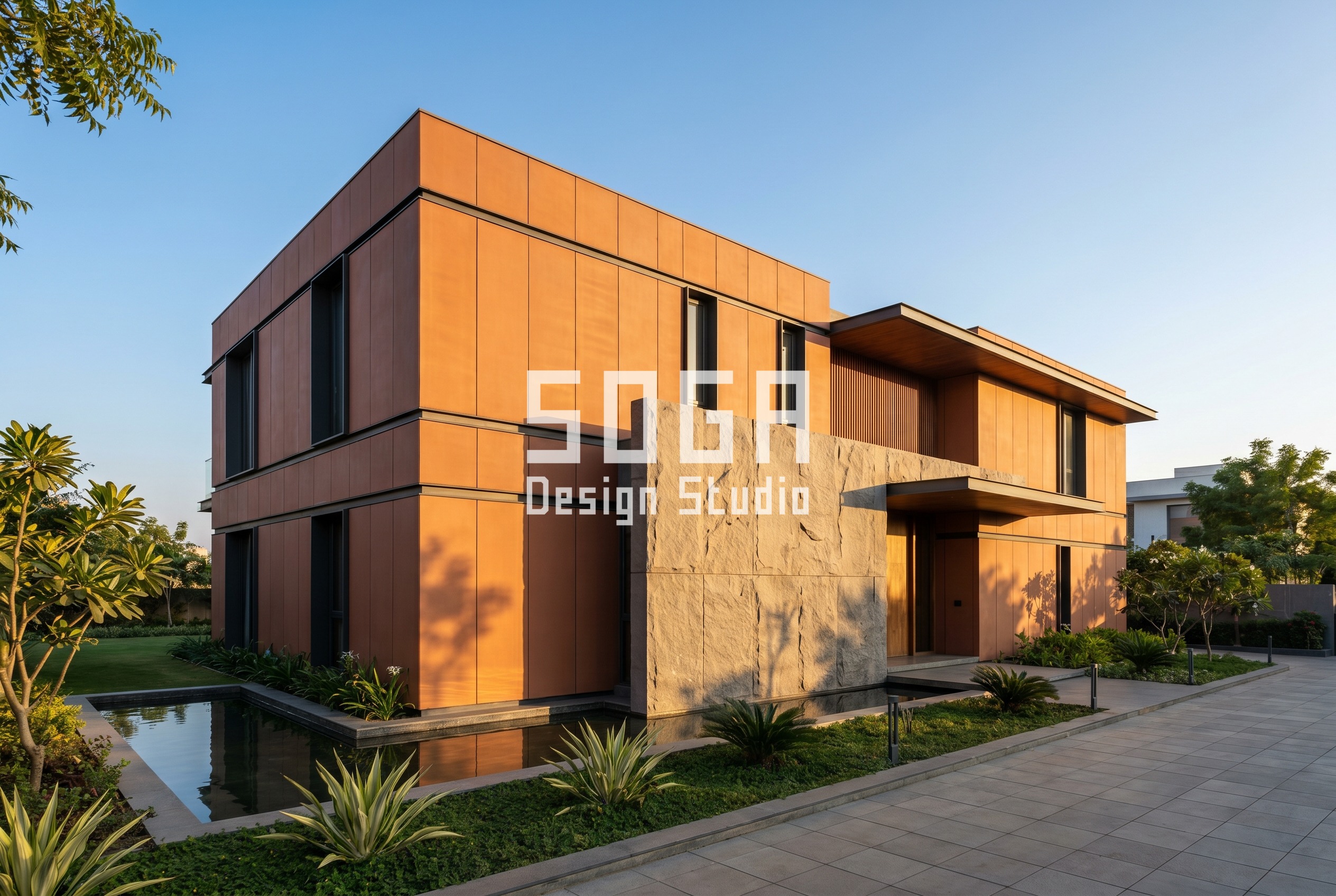 terracotta ventilated panel facade luxury villa West India - SOGA Design Studio
