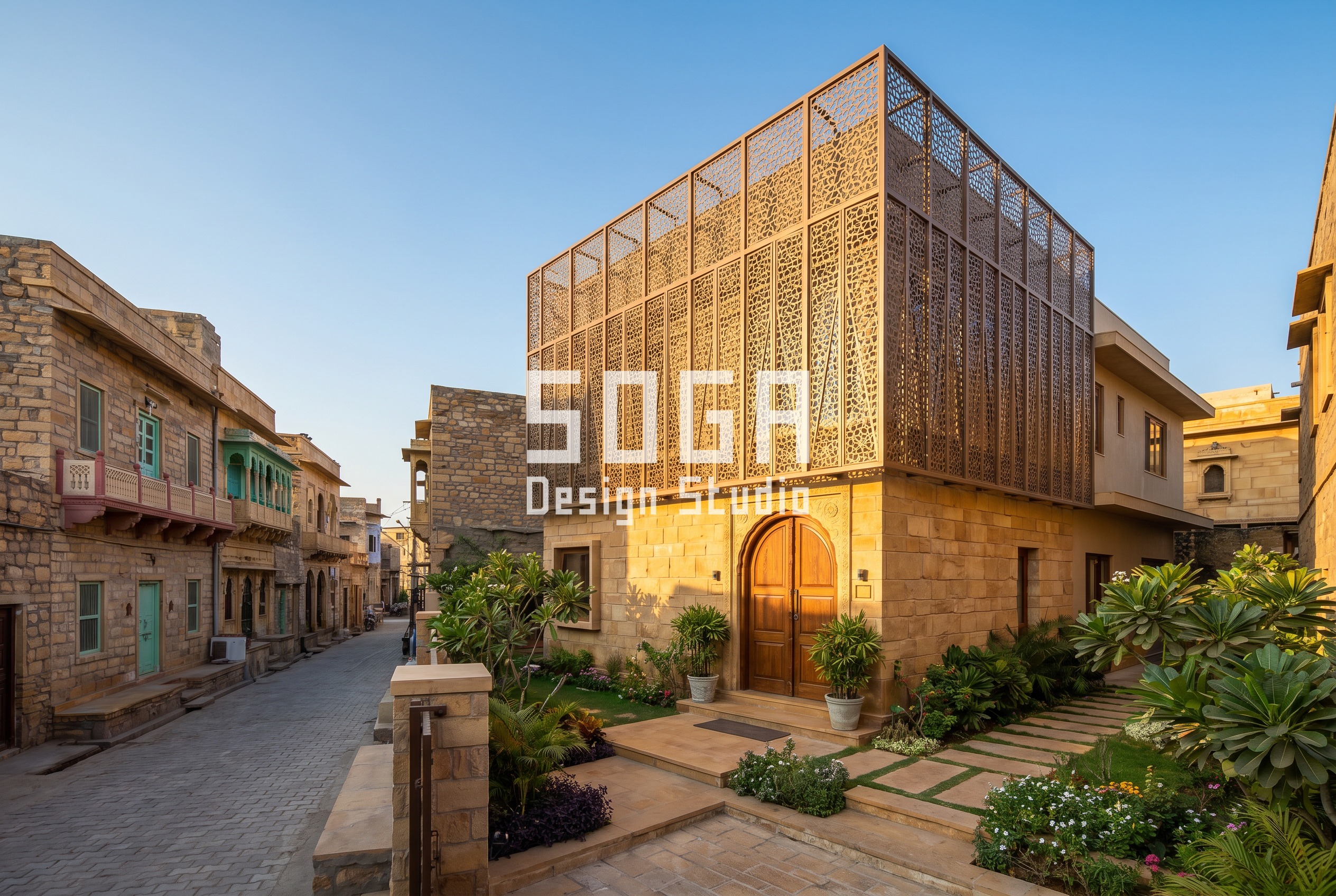 parametric bronze aluminium screen facade luxury villa Rajasthan - SOGA Design Studio
