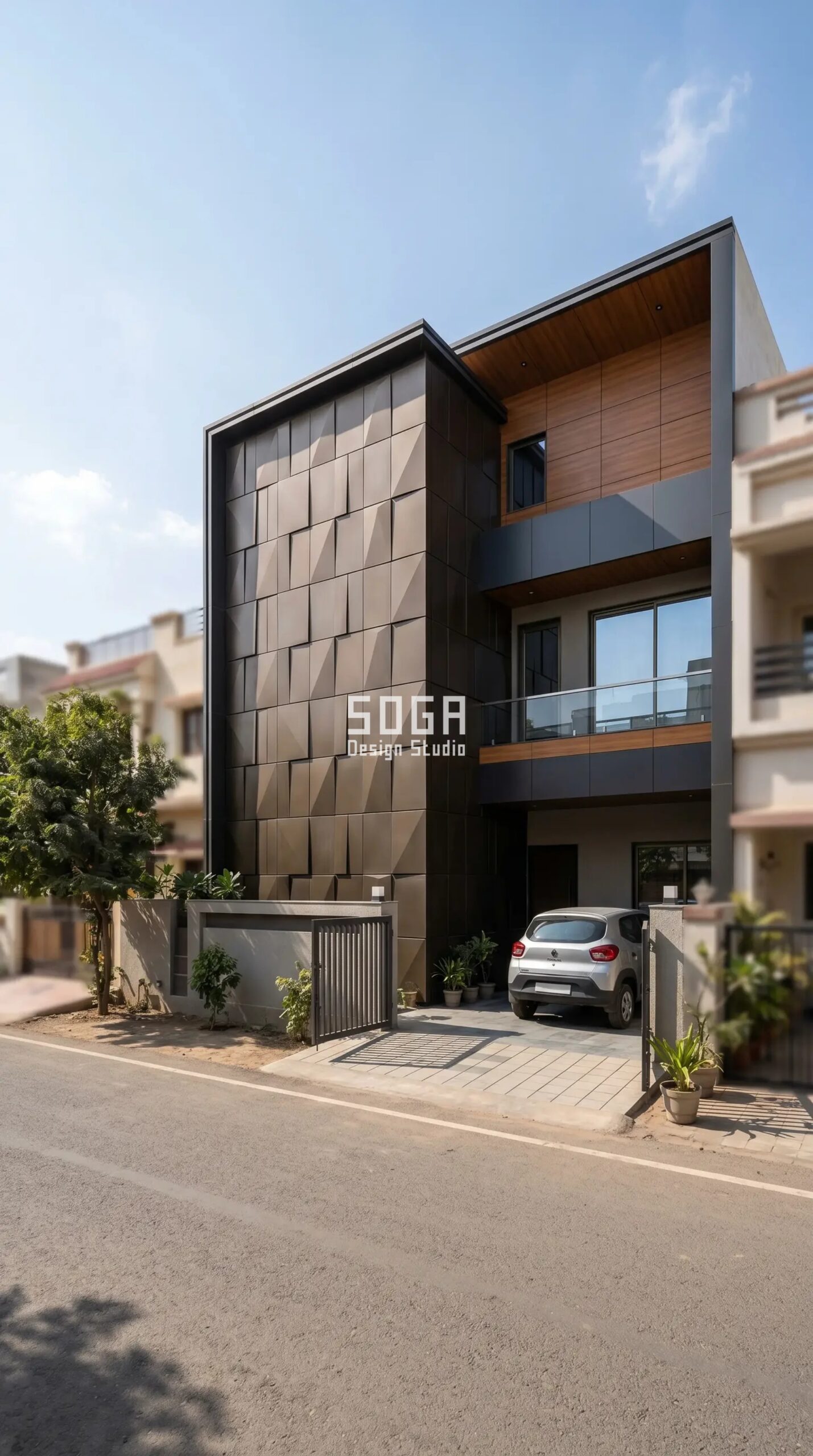 ACP Sheet 8x4 Price & Complete Buying Guide for Facades 7 dual-tone ACP front elevation with SOGA faceted metal panel feature India