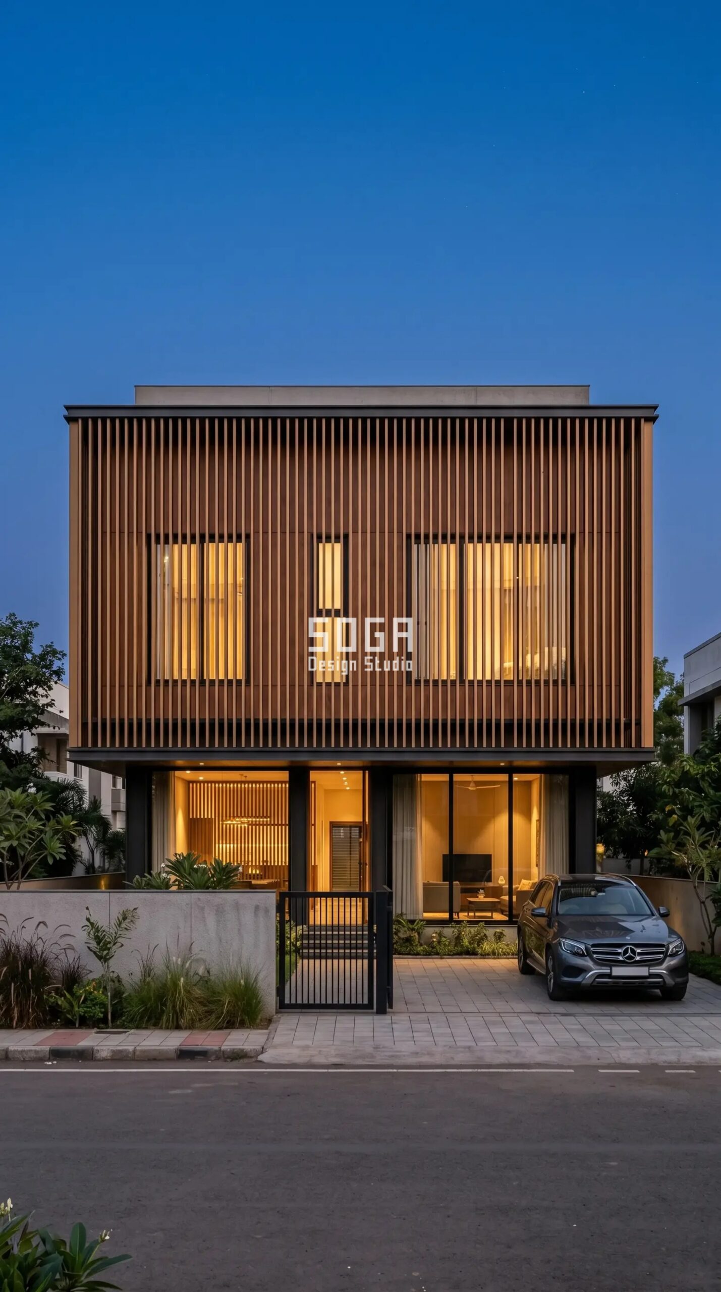 ACP Sheet 8x4 Price & Complete Buying Guide for Facades 5 SOGA vertical metal fins over wood-grain ACP facade at dusk India