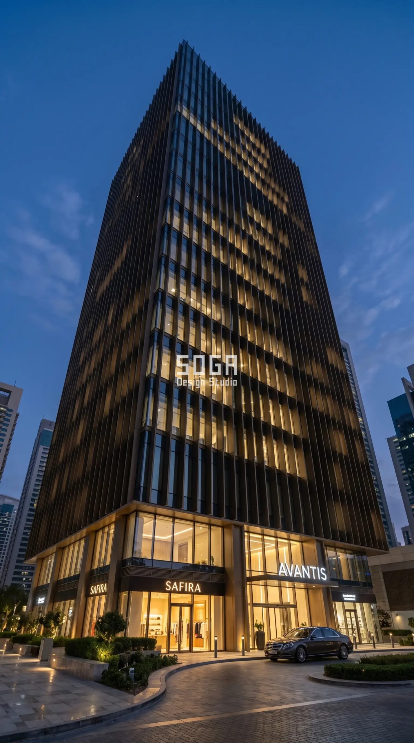 Dubai Mixed-Use Facade Design 2026: Concept Designs 4 SogaStride vertical fin parametric facade concept, mixed-use office tower DIFC Dubai - SOGA Design Studio