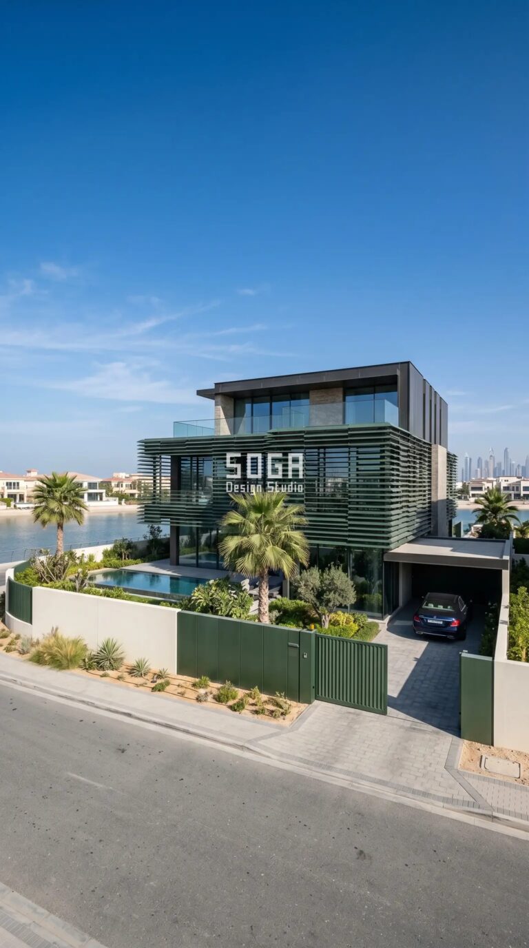 Palm Jumeirah & Emirates Hills Villa Facades 2026 2 Layered horizontal metal blade parametric villa facade skin concept, luxury villa Palm Jumeirah Dubai - SOGA Design Studio