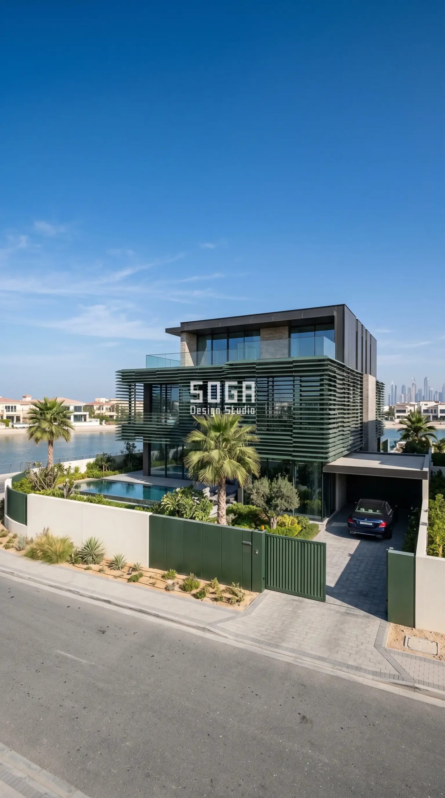 Layered horizontal metal blade parametric villa facade skin concept, luxury villa Palm Jumeirah Dubai - SOGA Design Studio