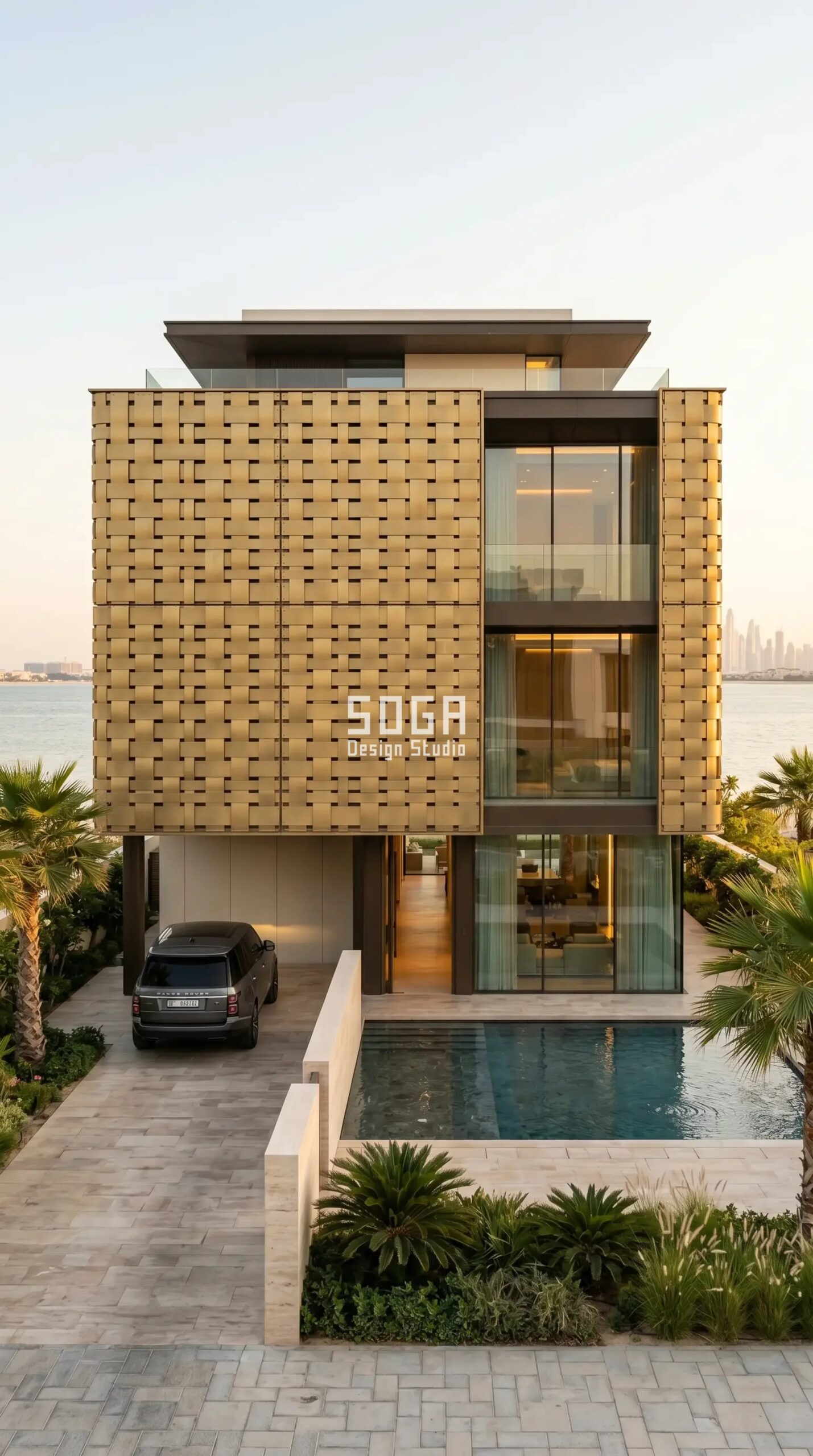 Palm Jumeirah & Emirates Hills Villa Facades 2026 4 Woven gold stainless steel parametric villa facade skin concept, luxury villa Palm Jumeirah Dubai - SOGA Design Studio