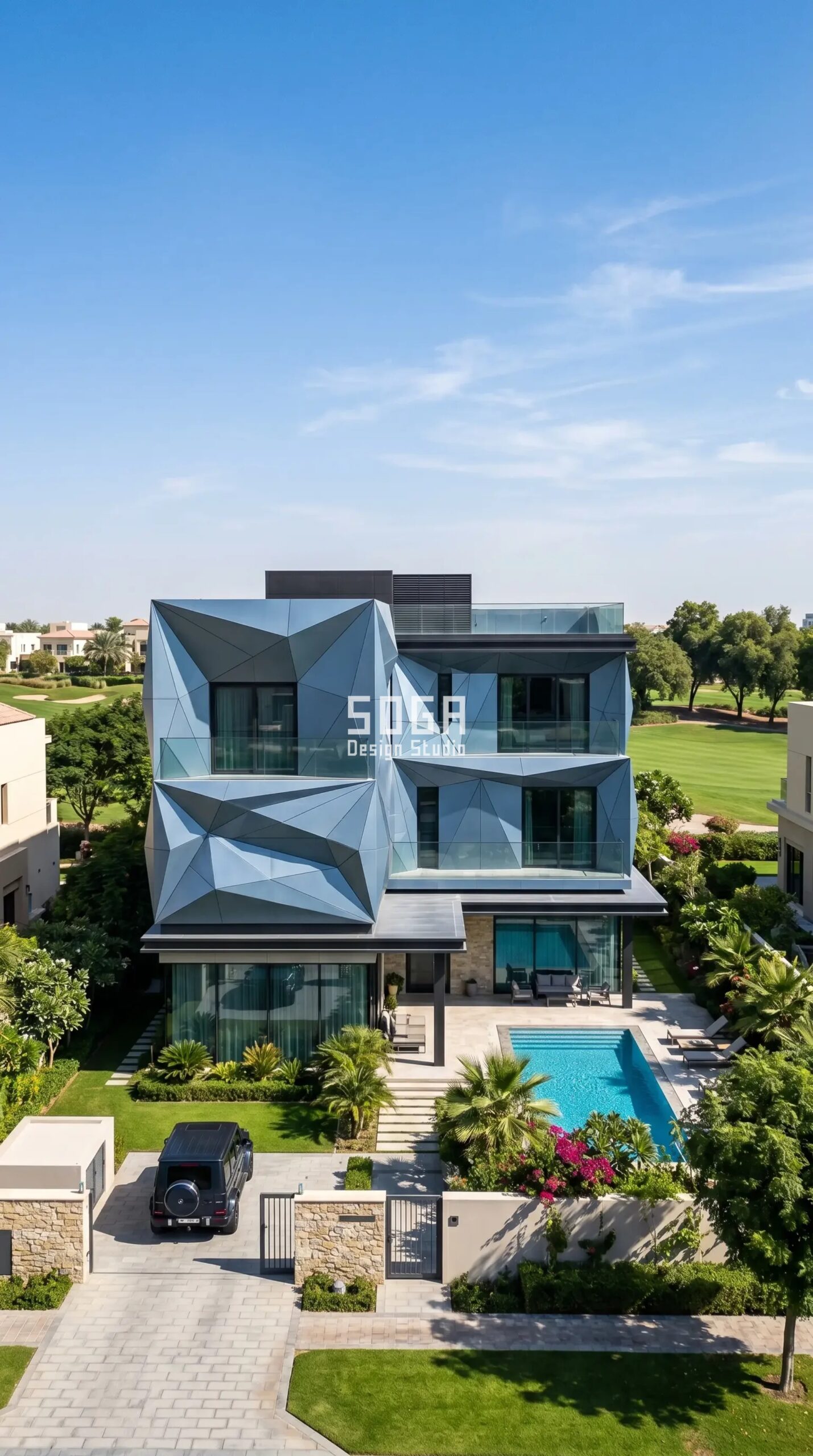 Palm Jumeirah & Emirates Hills Villa Facades 2026 5 Origami-fold steel-blue parametric villa facade skin concept, luxury villa Emirates Hills Dubai - SOGA Design Studio